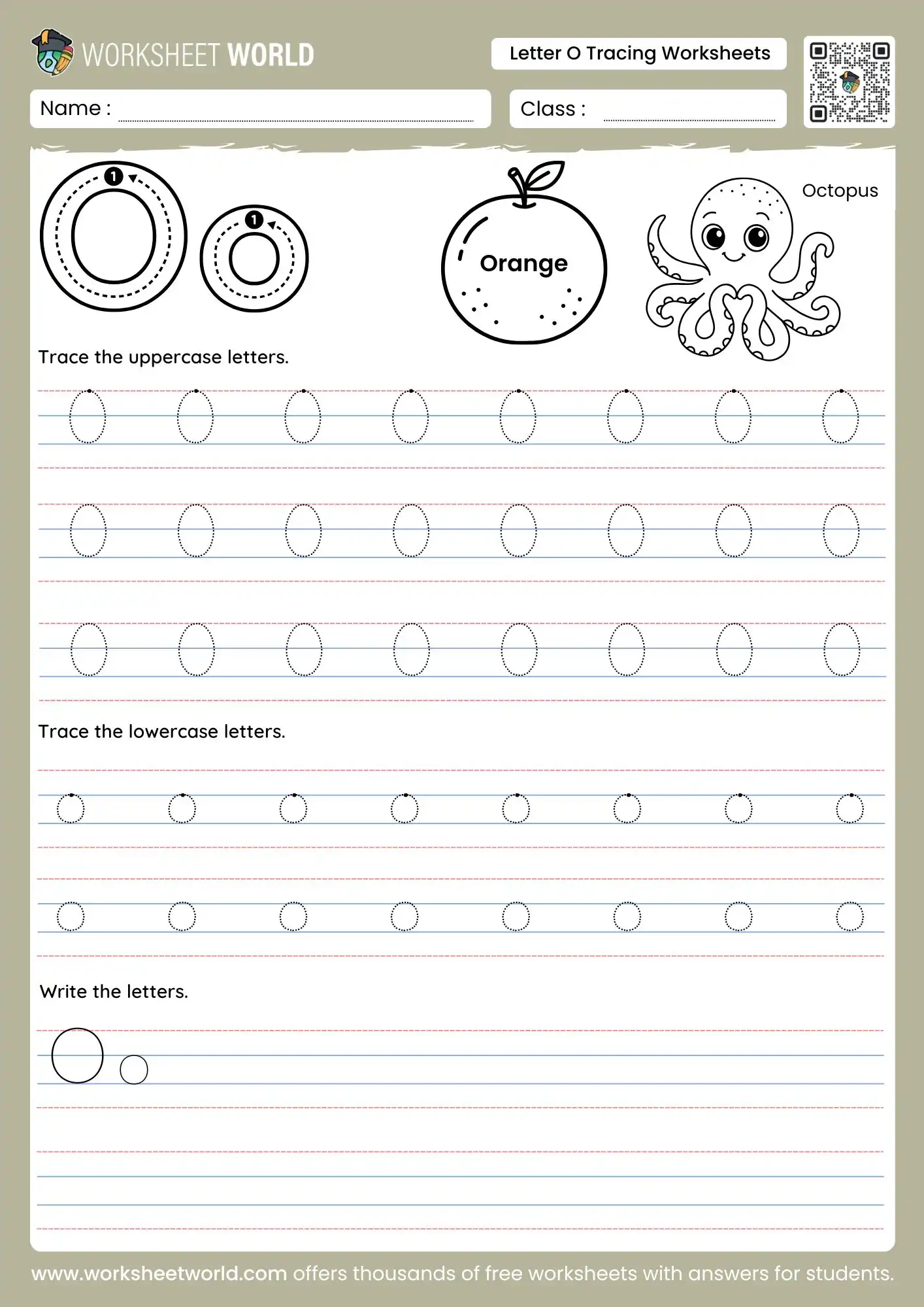 letter o tracing worksheets with an orange and octopus drawing for kindergarten