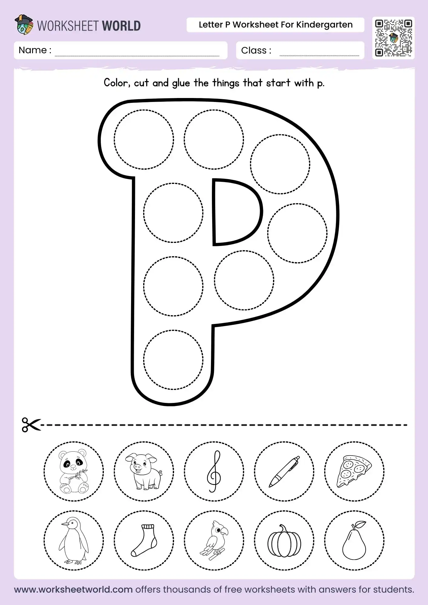 letter p worksheet for kindergarten featuring a cut and paste activity with panda pig and penguin