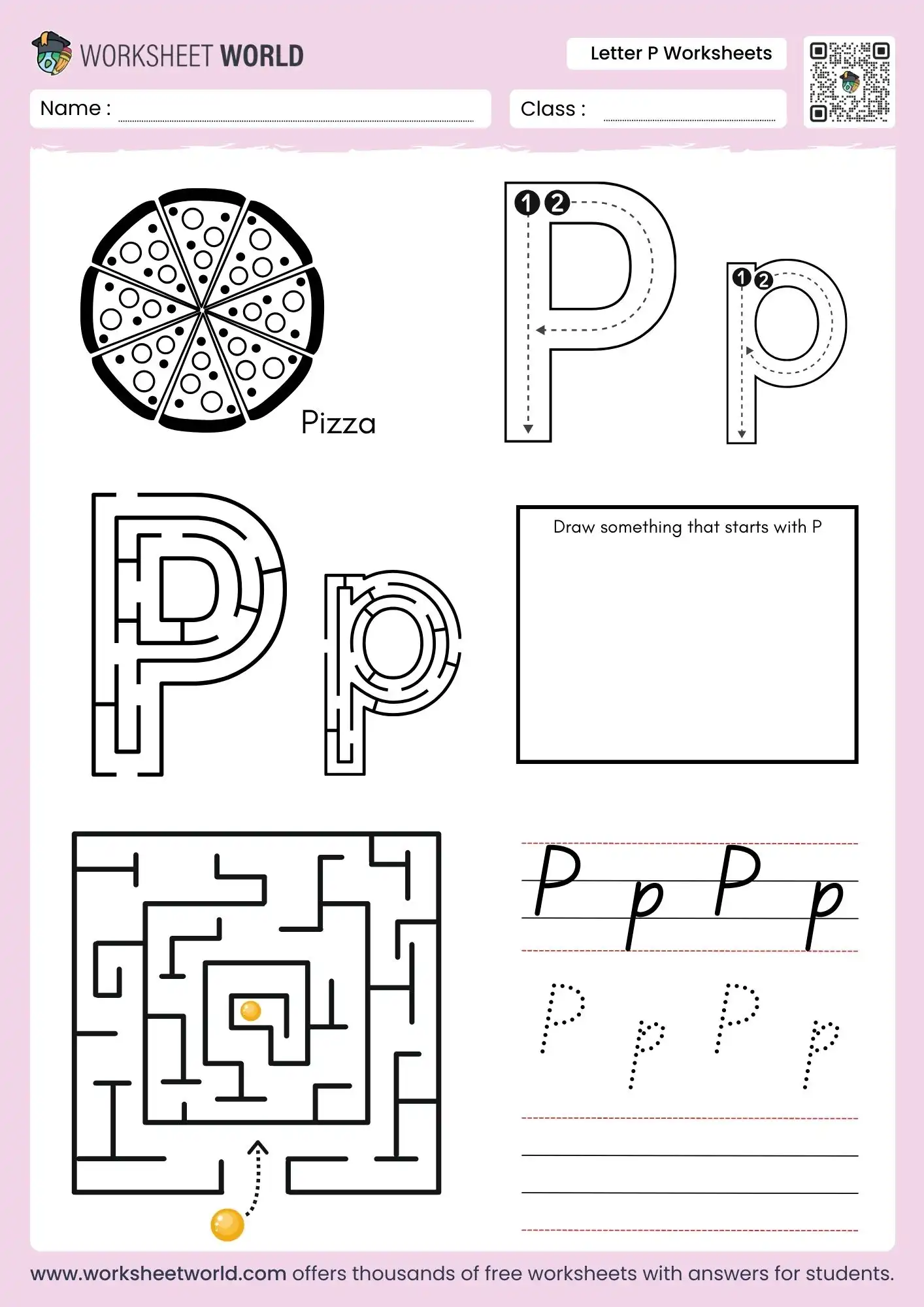 letter p worksheets for kindergarten featuring pizza drawing and three alphabet mazes