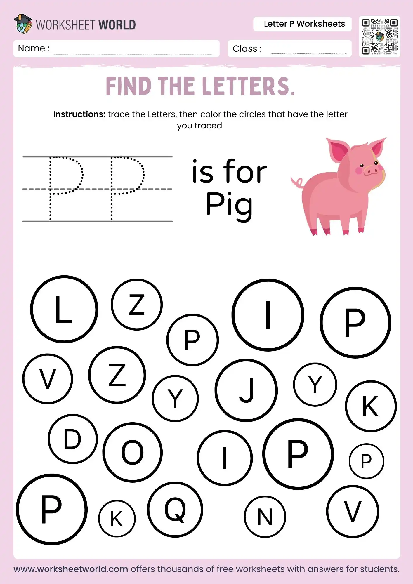 letter p worksheets featuring a find the letters activity with a pink pig illustration