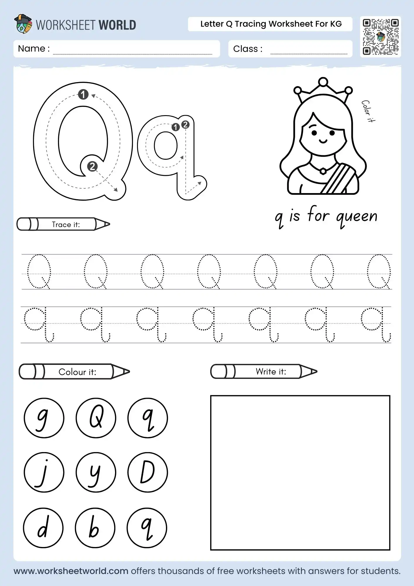 letter q tracing worksheets for kindergarten with a queen drawing and letter identification circles