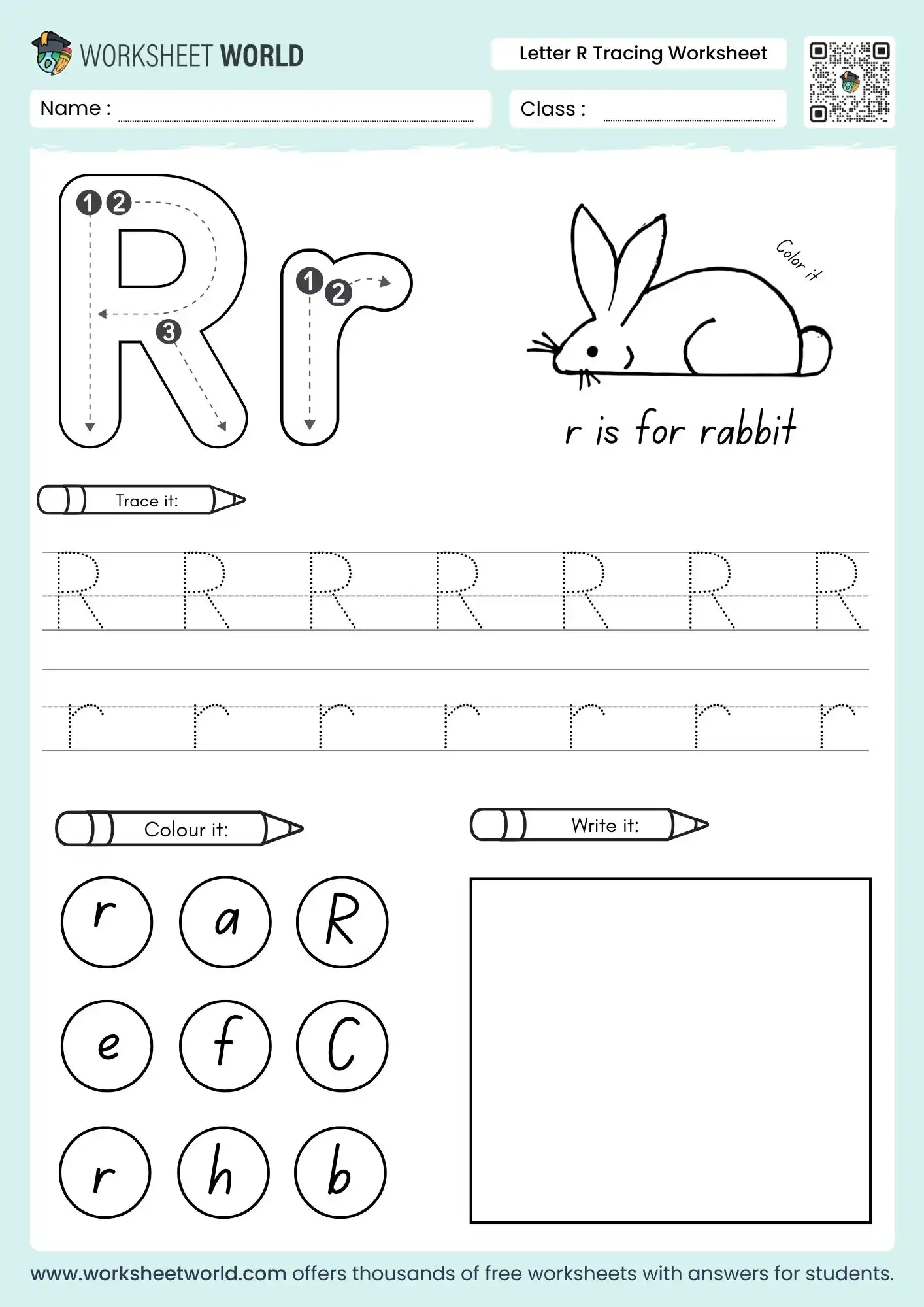 letter r tracing worksheets with a rabbit drawing and letter identification circles