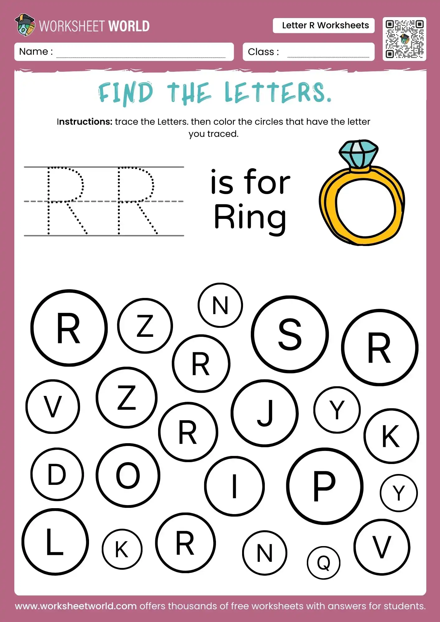 letter r worksheets with a diamond ring drawing and a letter search circle grid