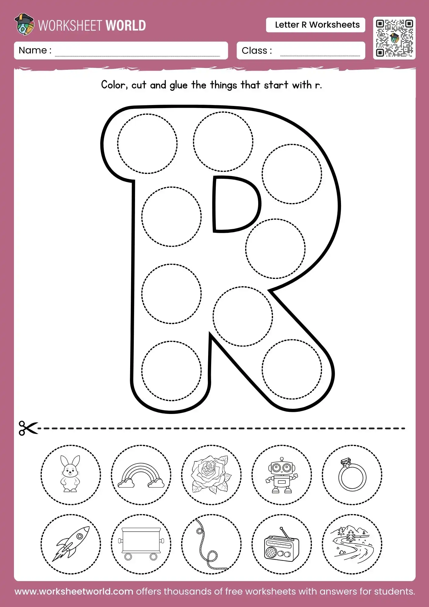 letter r worksheets featuring a cut and paste activity with rabbit rainbow and rocket