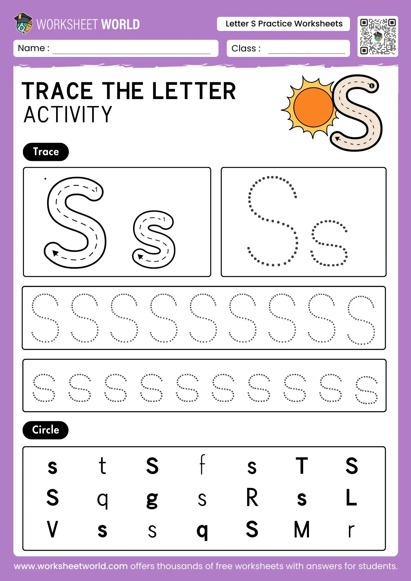 letter s practice worksheets featuring a sun drawing and a visual letter search grid