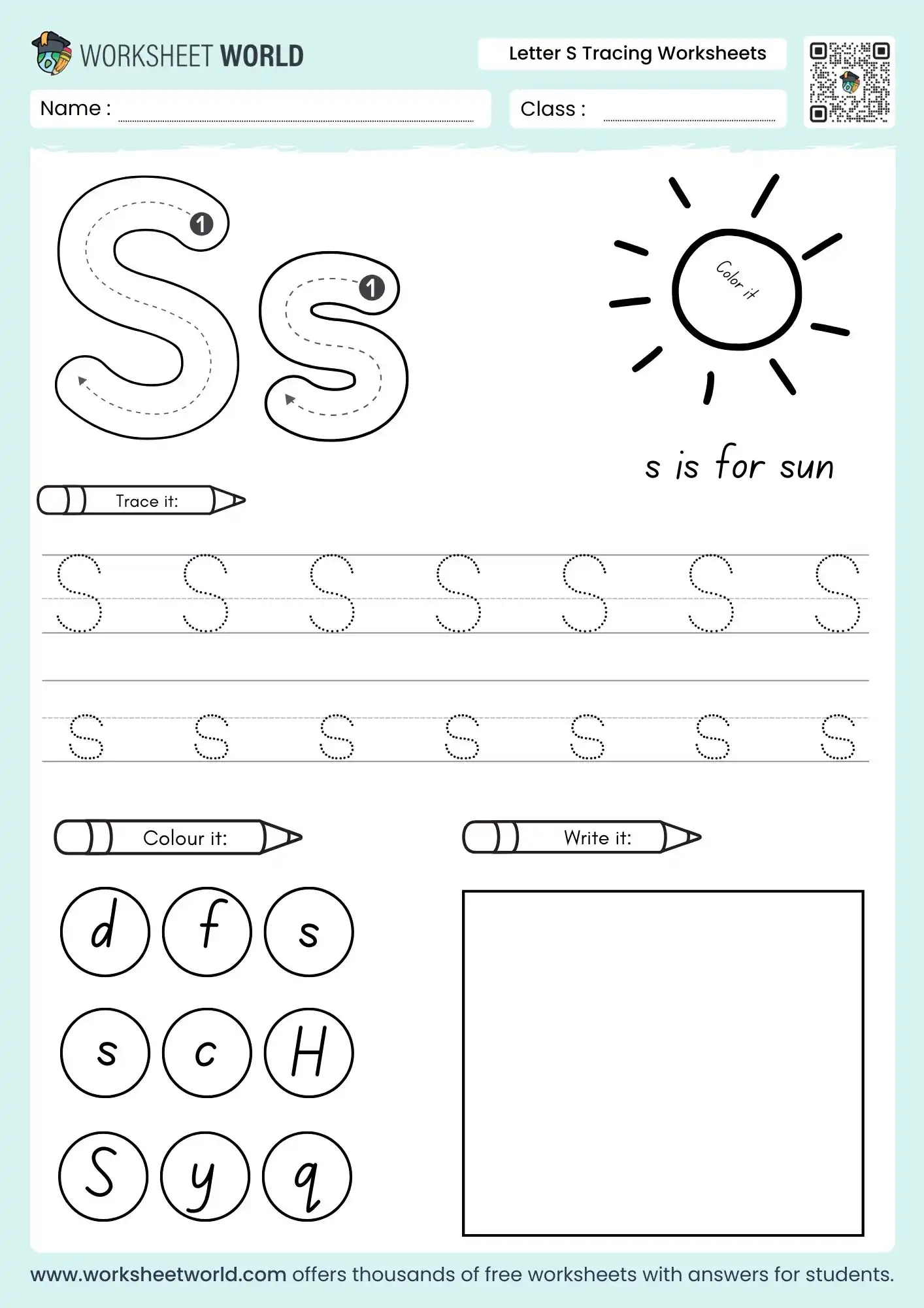 Simple and Free Letter S Tracing Worksheets For Kids 1 letter s tracing worksheets with a sun drawing and letter identification circles