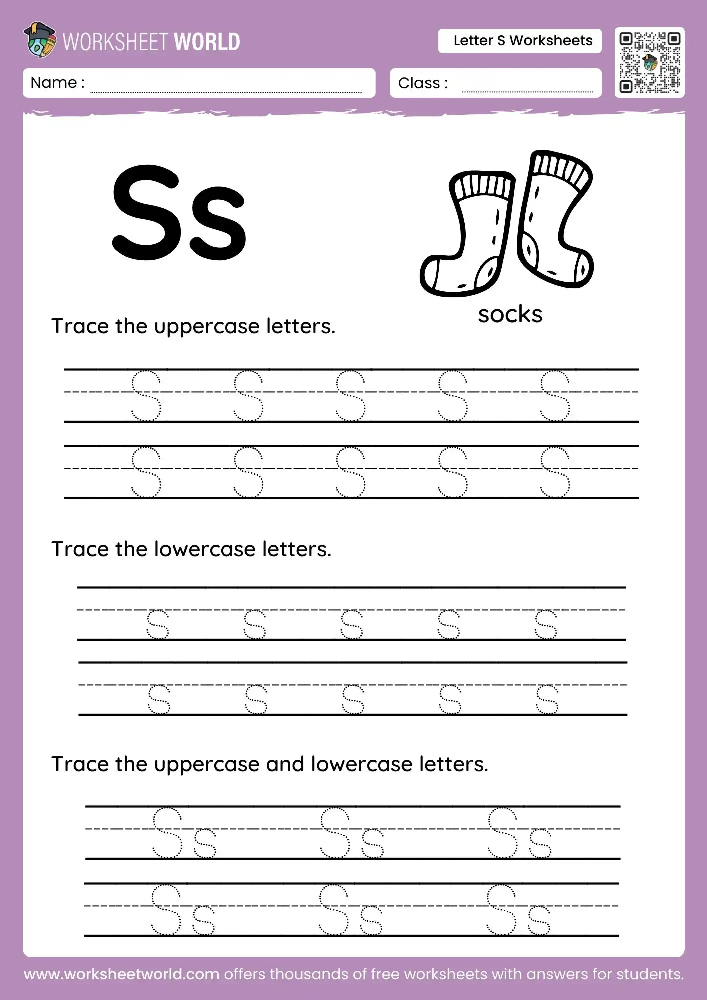 letter s worksheets with a socks drawing and combined uppercase and lowercase tracing rows