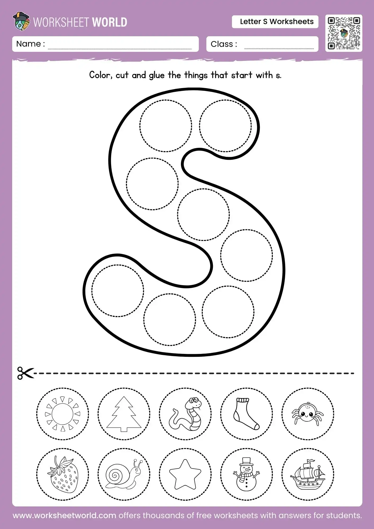 letter s worksheets featuring a cut and paste activity with sun snake and snail