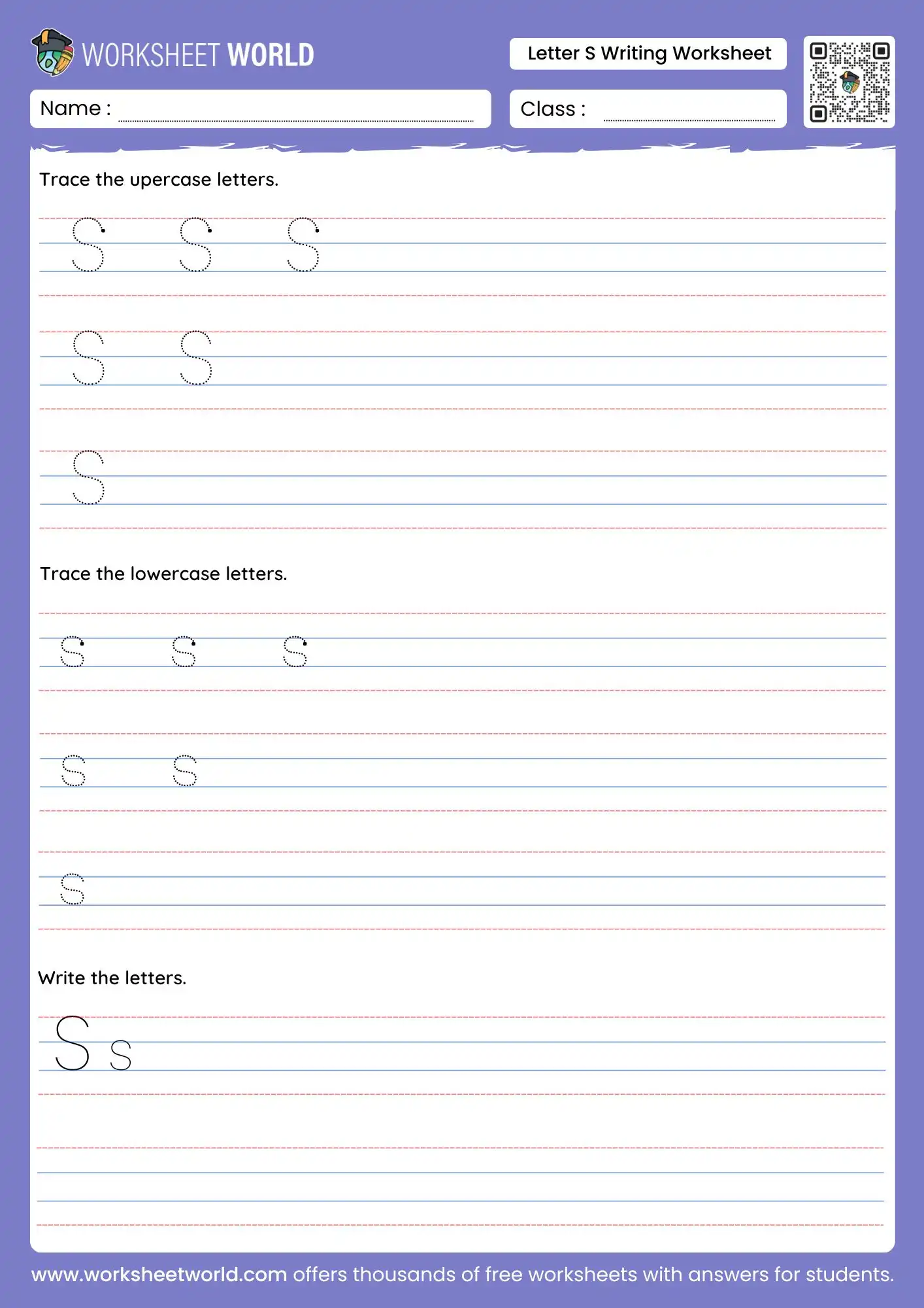 letter s writing worksheet with dedicated uppercase and lowercase sections and an independent writing line