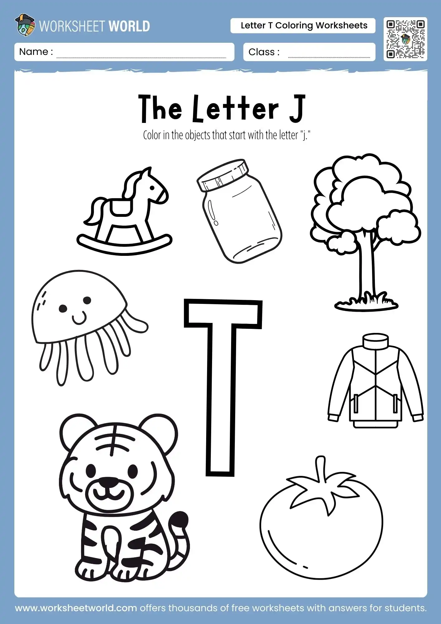 Letter T Coloring Worksheets (Free Printable For Preschool and Kindergarten) 2 letter t coloring worksheets featuring a large T and various objects to color like a jellyfish and jar