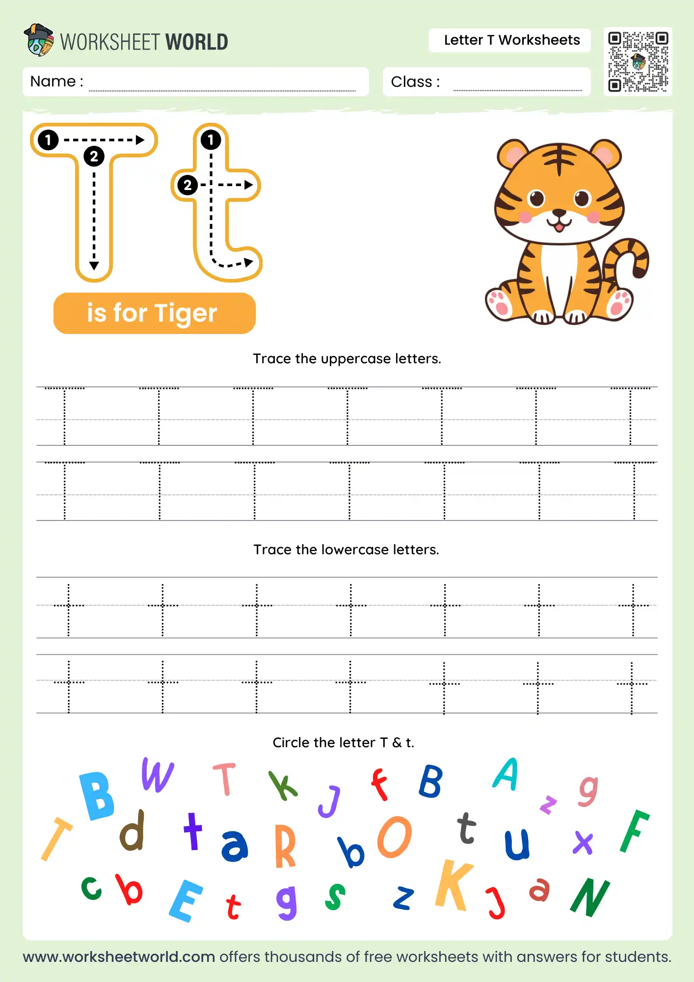 letter t worksheets featuring a colorful tiger and a letter search game for kindergarten