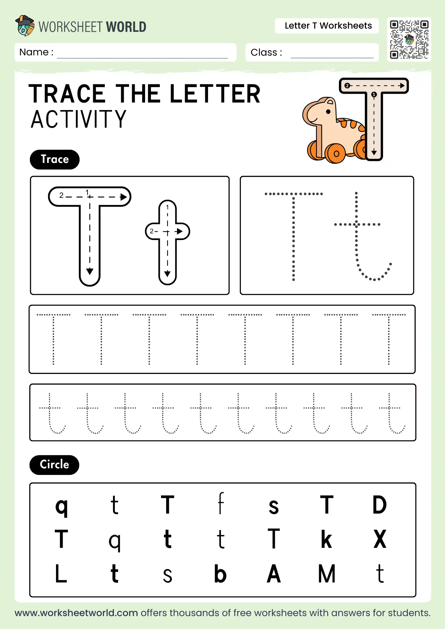 letter t worksheets featuring a toy horse and a visual letter identification grid