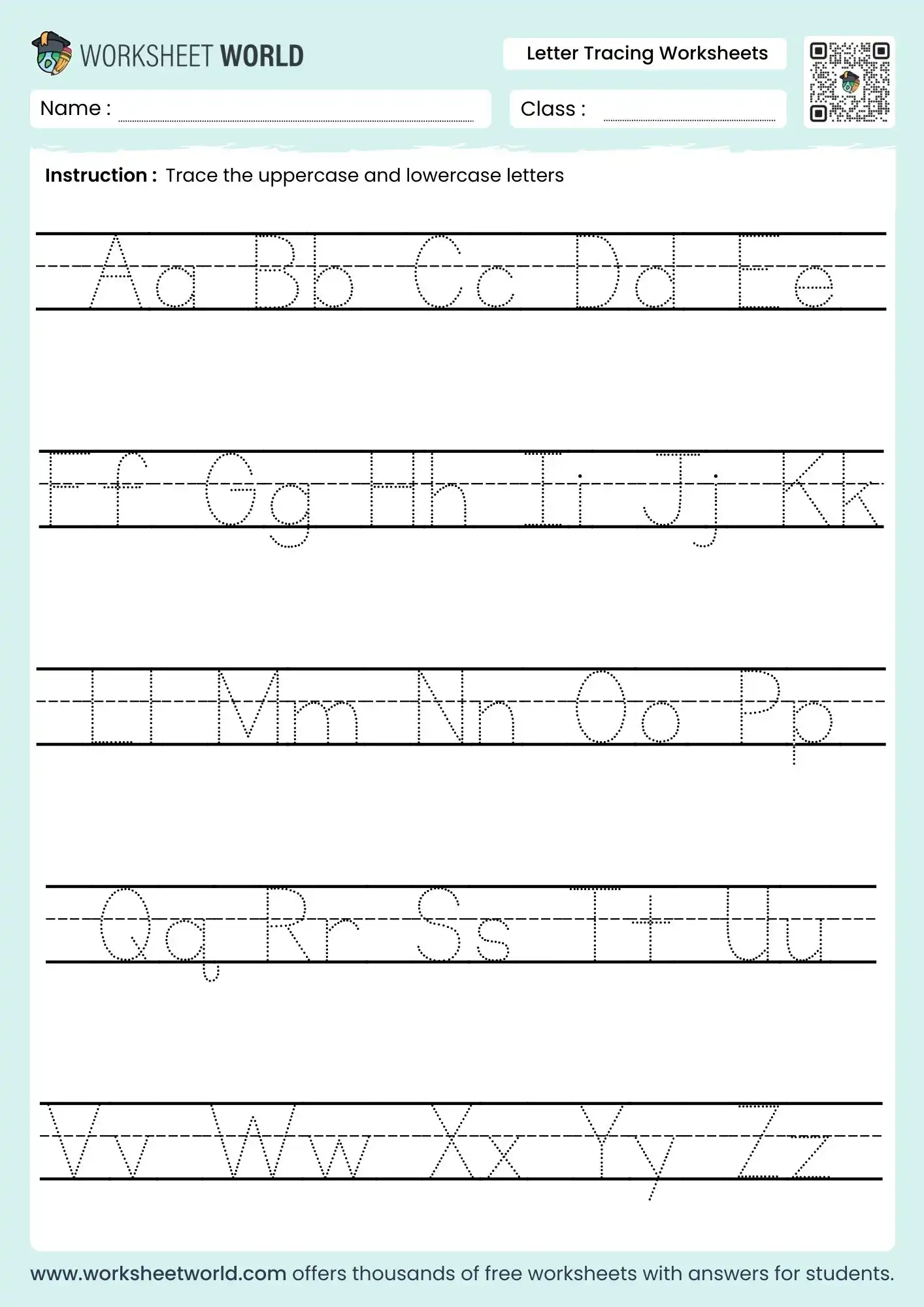 letter tracing worksheets with rows of dotted capital and small letters from a to z