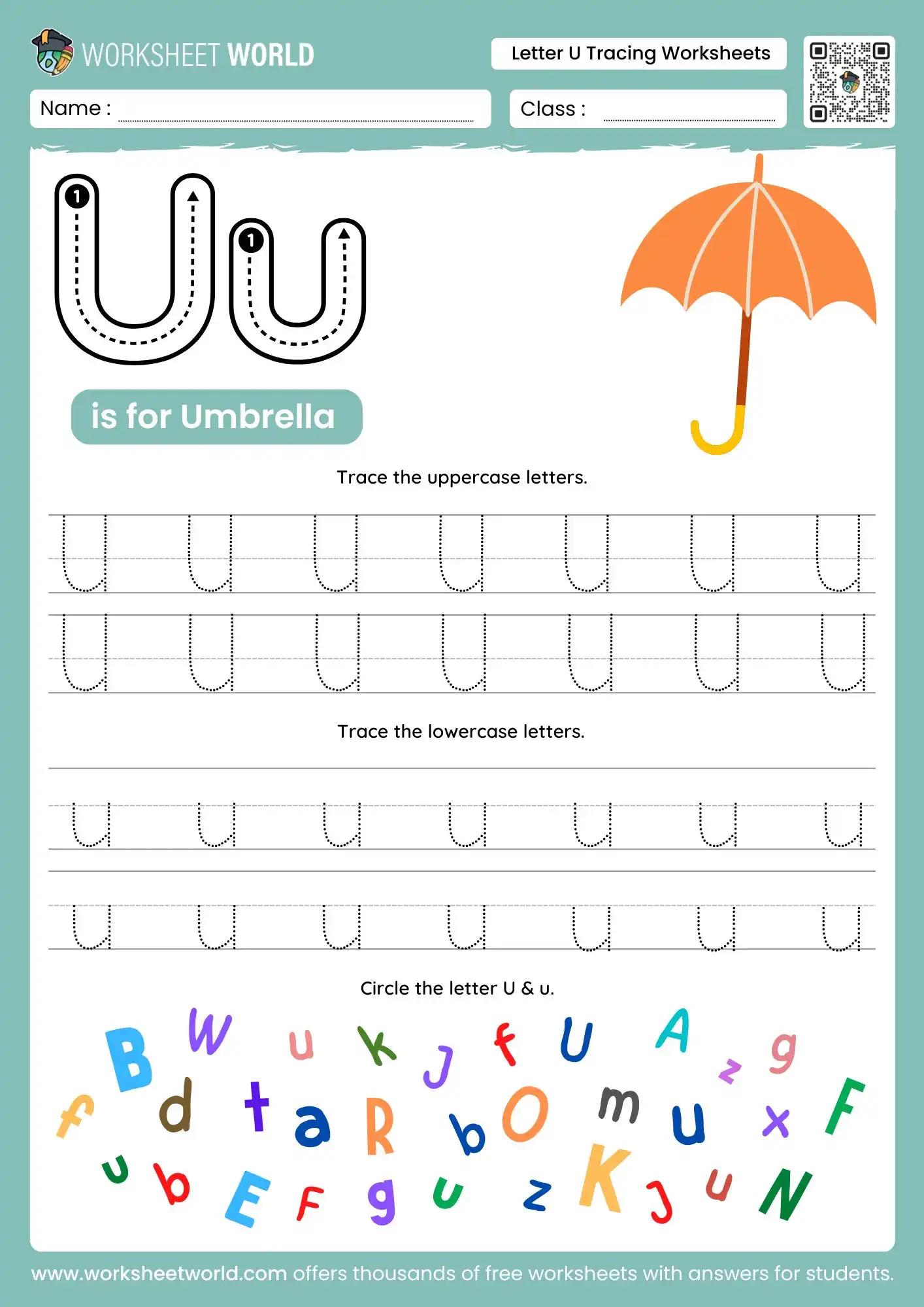 Letter U Tracing Worksheets (Preschool and Kindergarten) 1 letter u tracing worksheets with an orange umbrella drawing and a colorful letter search game