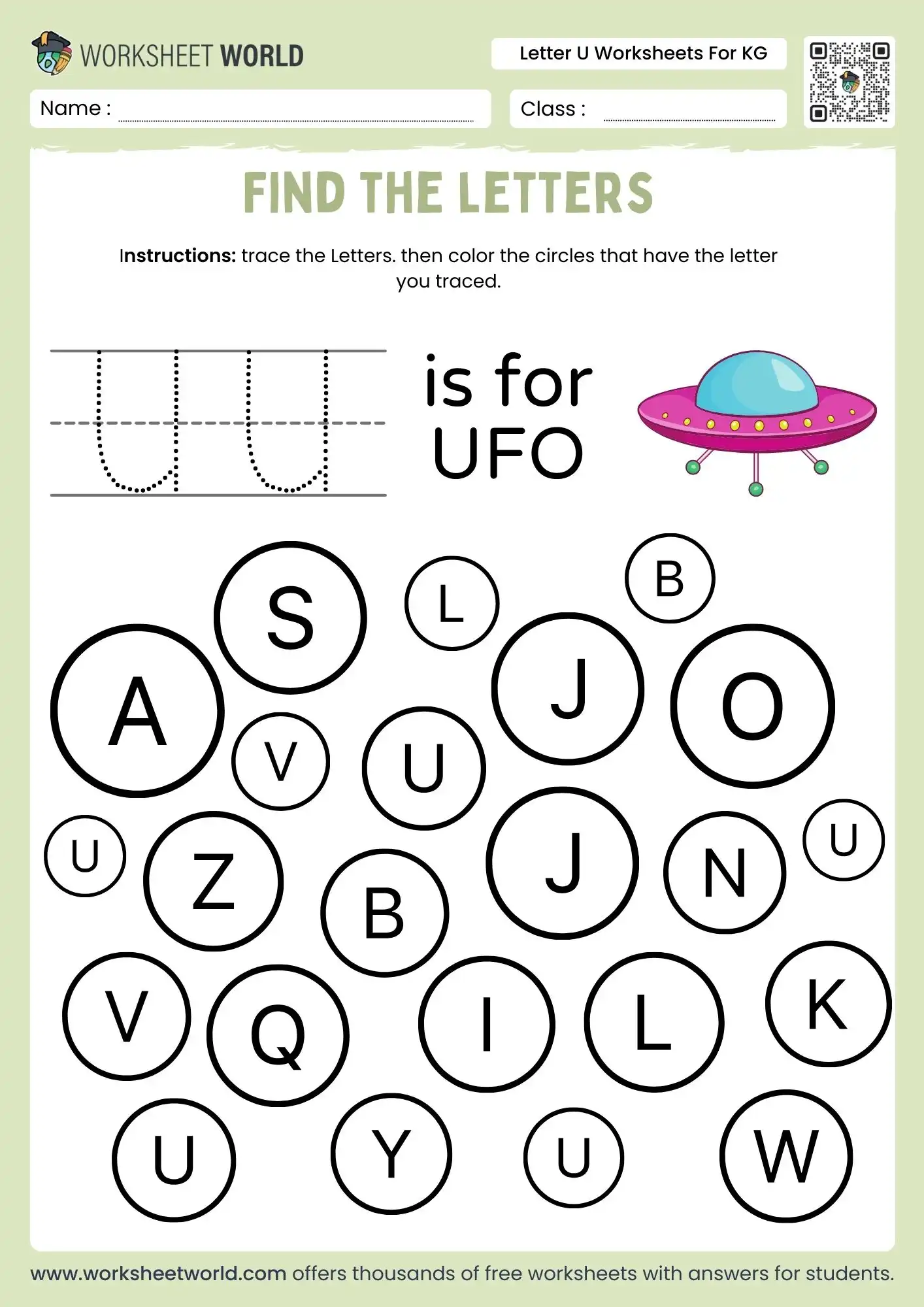 letter u worksheets for kindergarten featuring a colorful UFO and a large find the letters circle puzzle