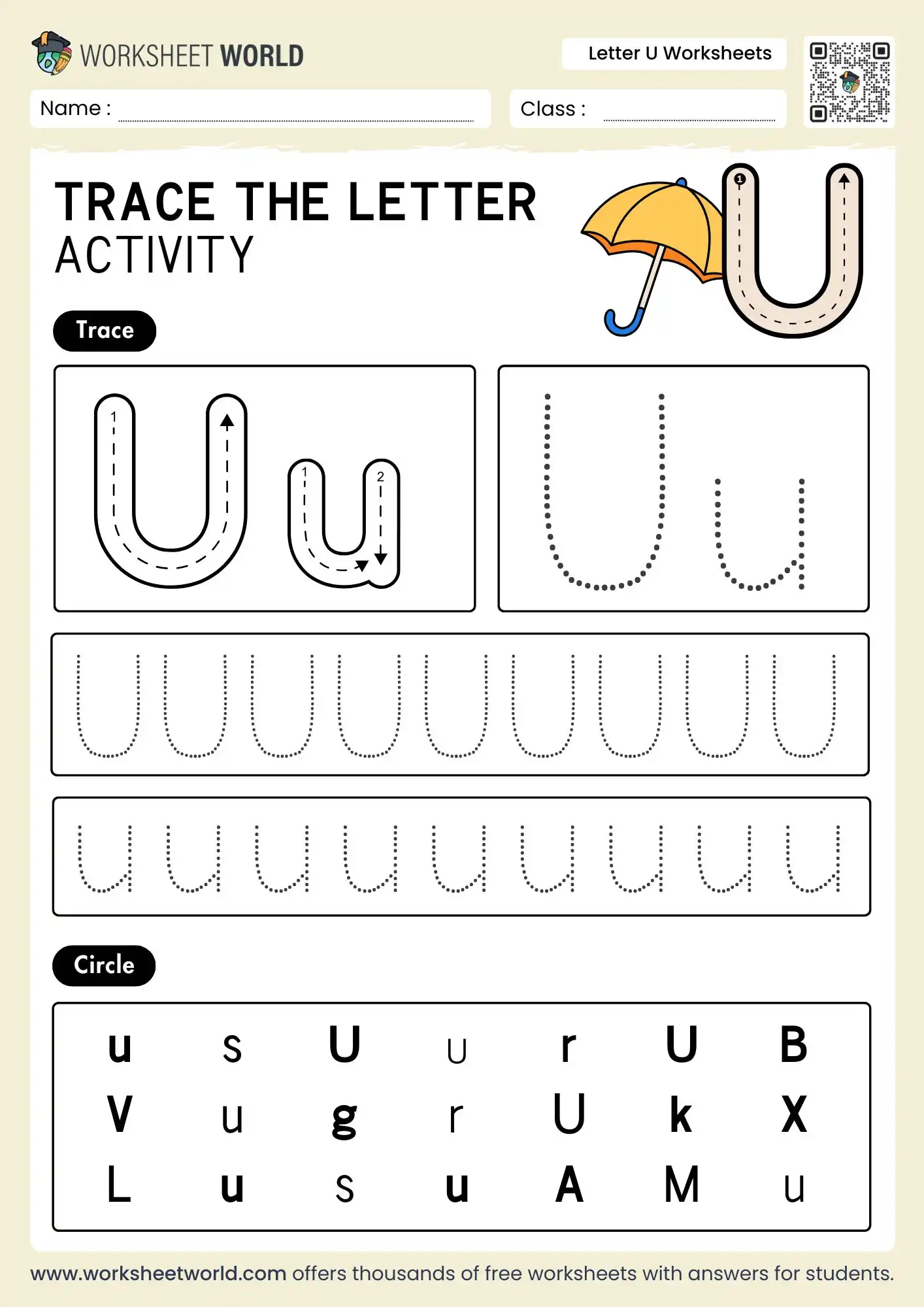 letter u worksheets featuring a yellow umbrella and a visual letter identification grid