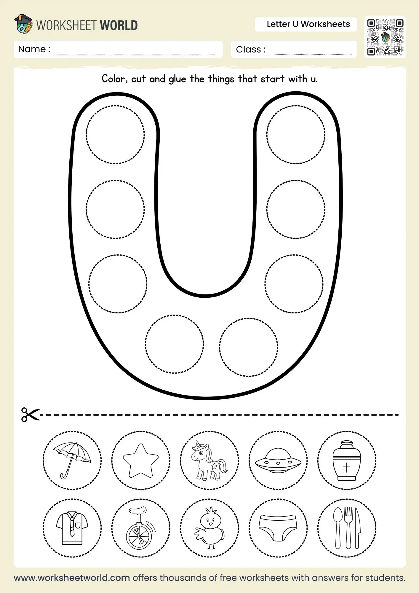 letter u worksheets featuring a cut and paste activity with umbrella unicycle and unicorn