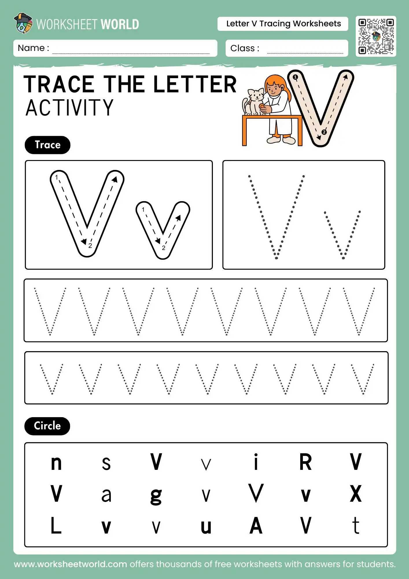 letter v tracing worksheets with a veterinarian illustration and a visual letter identification grid