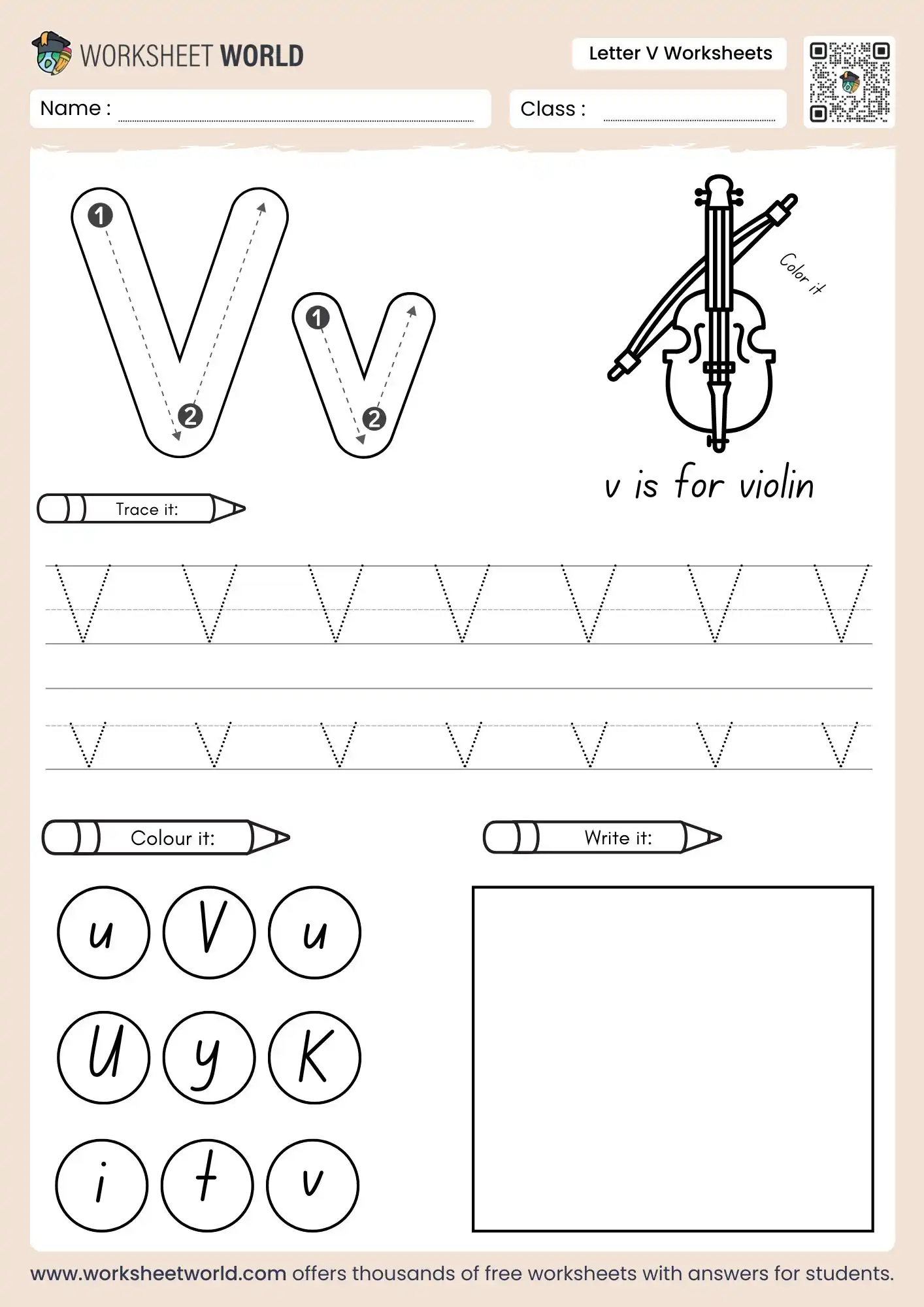 letter v worksheets featuring a violin drawing and a visual letter identification grid