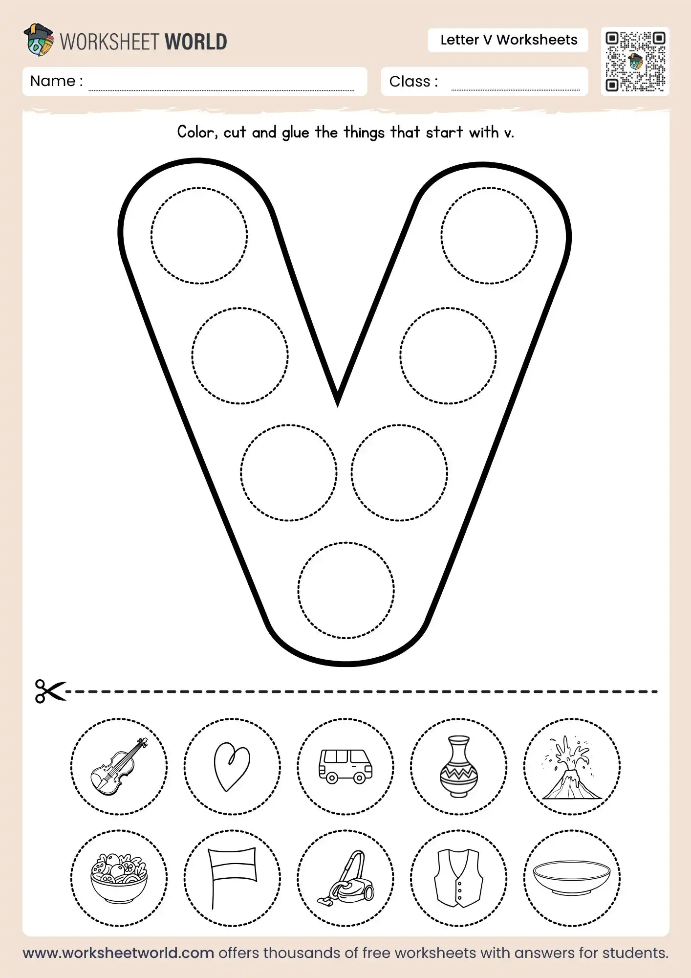 letter v worksheets featuring a cut and paste activity with violin van and vase