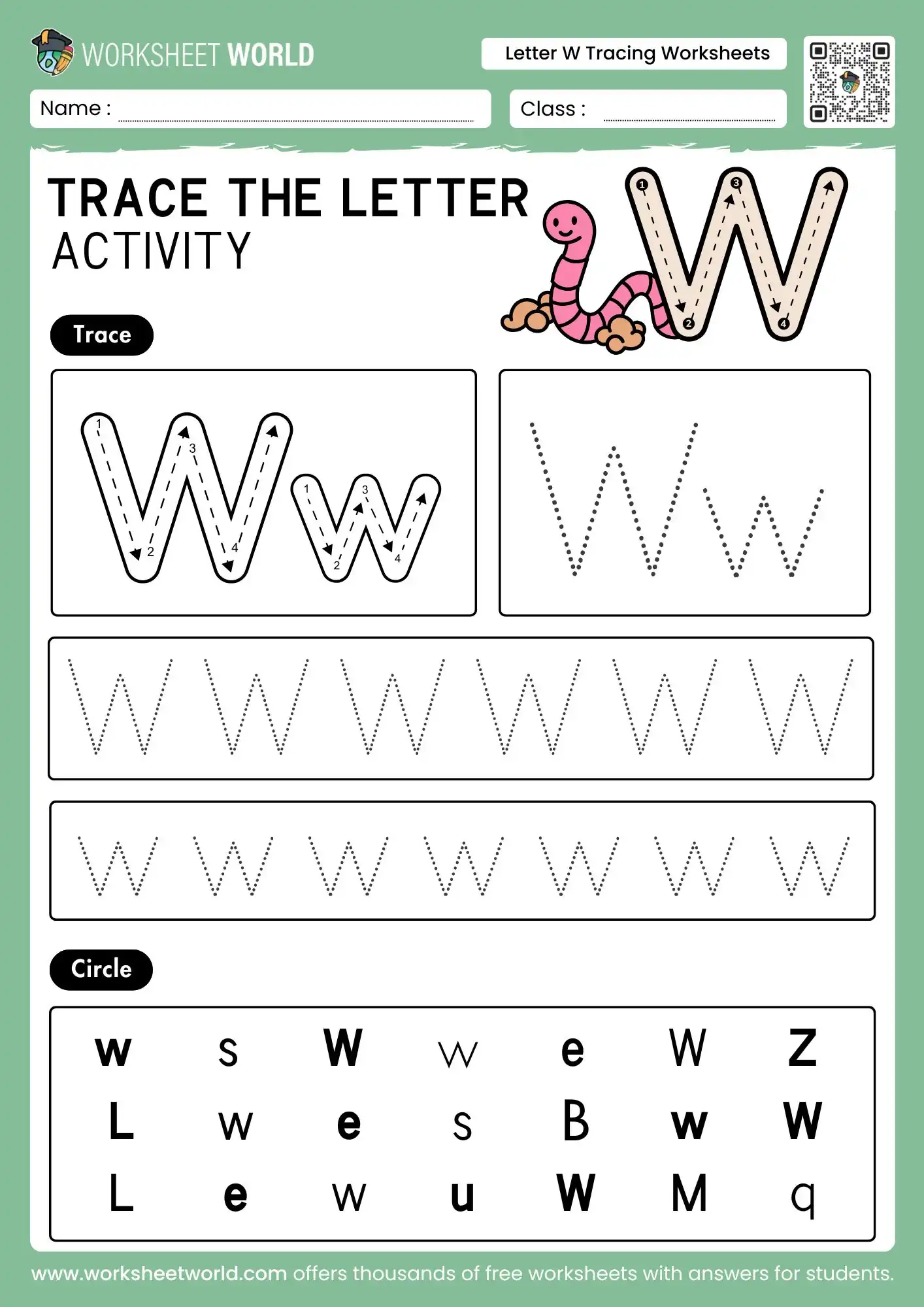 letter w tracing worksheets with a worm illustration and a visual letter identification grid