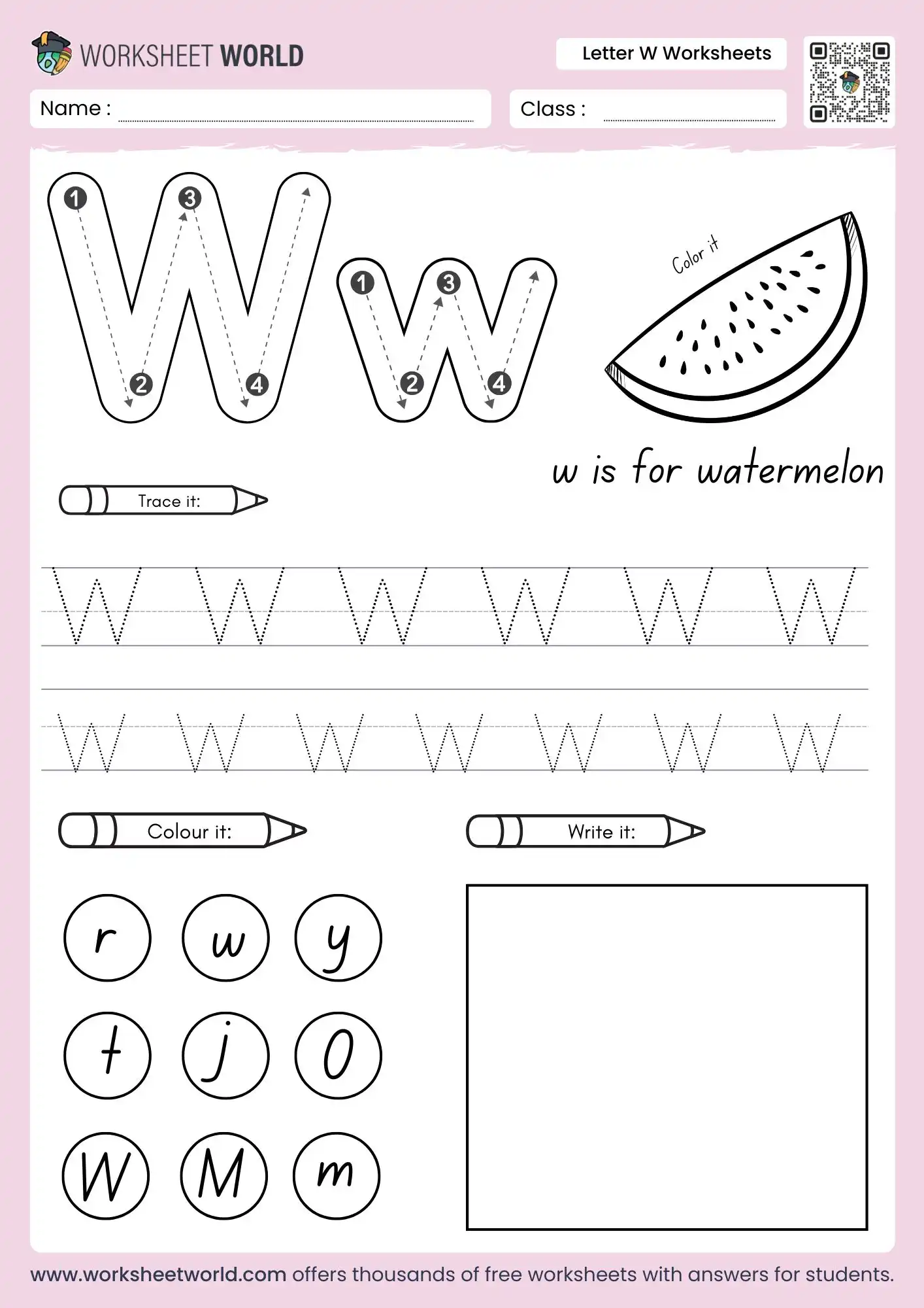 Letter W Worksheets For Preschoolers and Kindergarten 1 letter w worksheets featuring a watermelon drawing and a visual letter identification grid