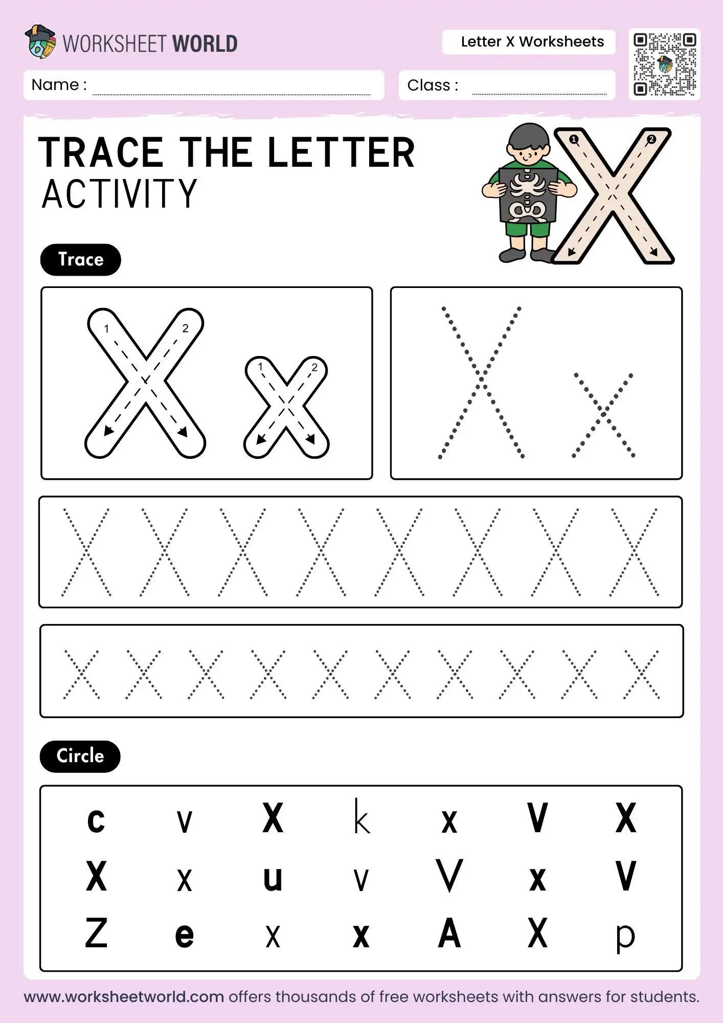 Letter X Worksheets For Preschoolers and Kindergarten 2 letter x worksheets featuring a boy with an x-ray and a visual letter identification grid