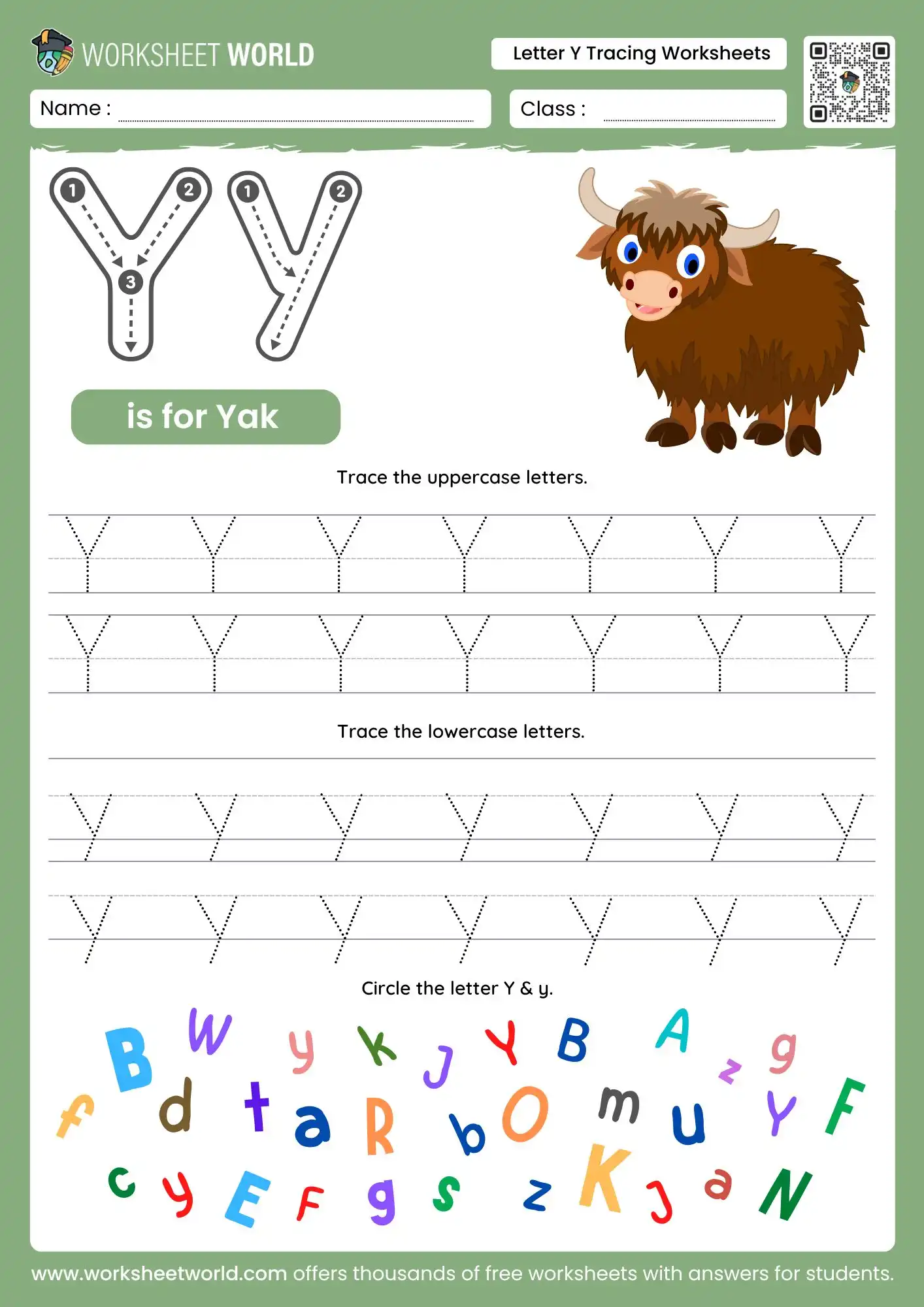 letter y tracing worksheets with a brown yak illustration and a colorful alphabet jumble