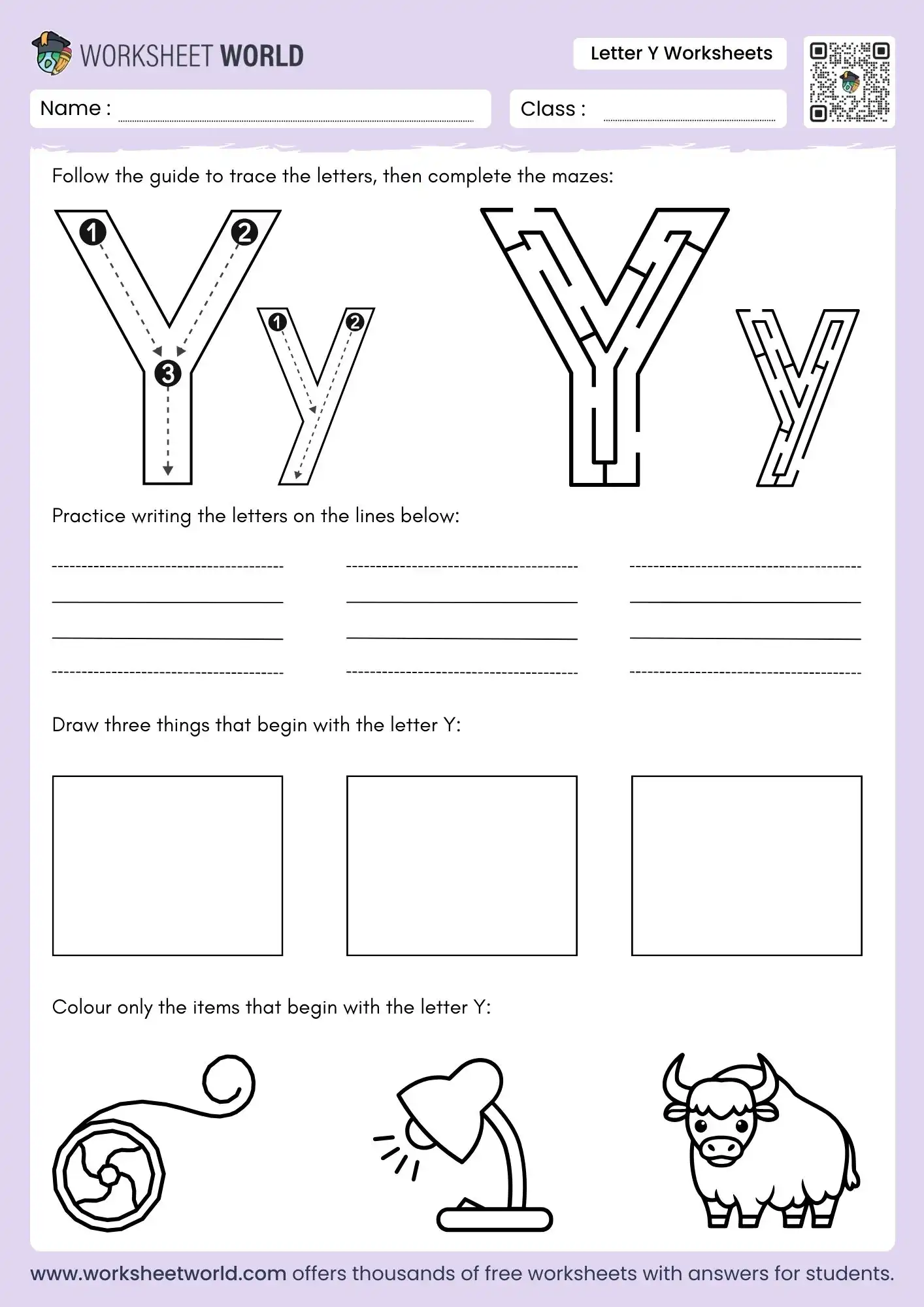 Letter Y Worksheets For Preschoolers and Kindergarten 2 letter y worksheets featuring alphabet mazes and beginning sound objects like a yo-yo and lamp