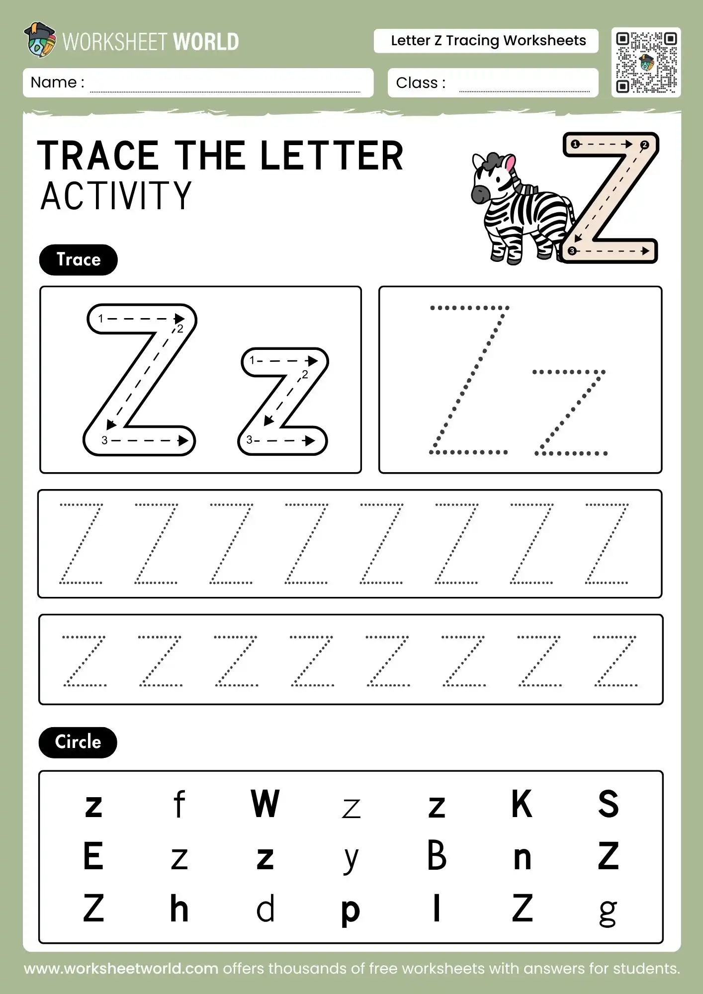 letter z tracing worksheets with a zebra illustration and a visual letter identification grid