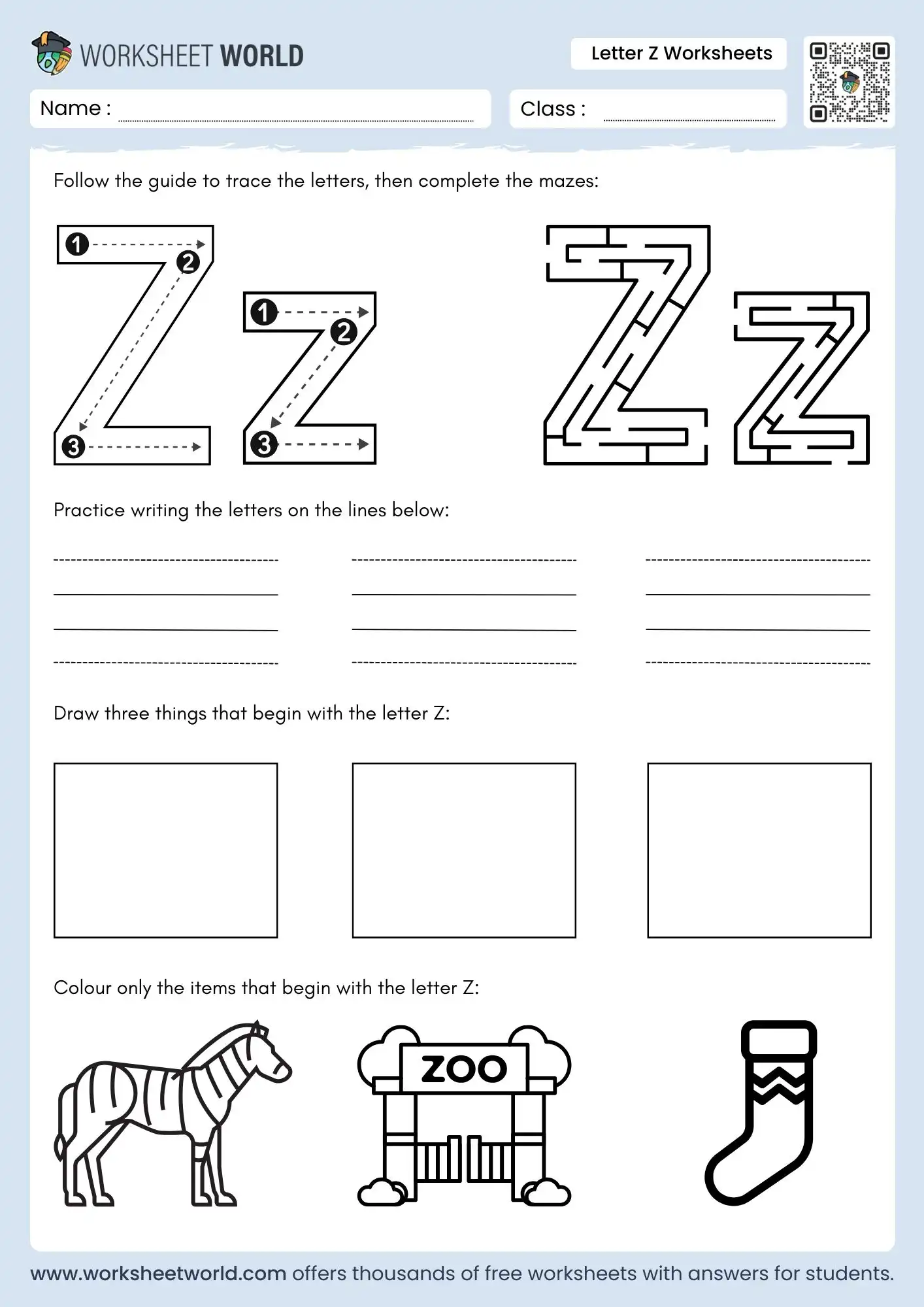 Letter Z Worksheets For Preschool and Kindergarten 2 letter z worksheets featuring alphabet mazes and beginning sound objects like a zebra and zoo