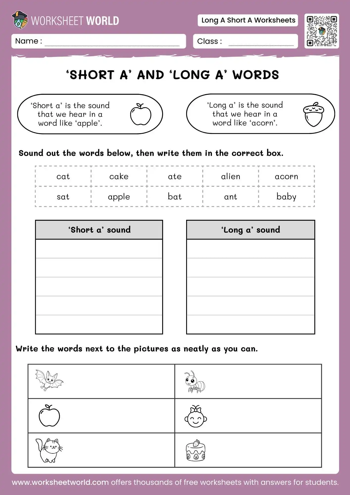 Free Printable Long A Short A Worksheets 1 long a short a worksheets featuring a sorting grid for short a and long a sounds for kindergarten
