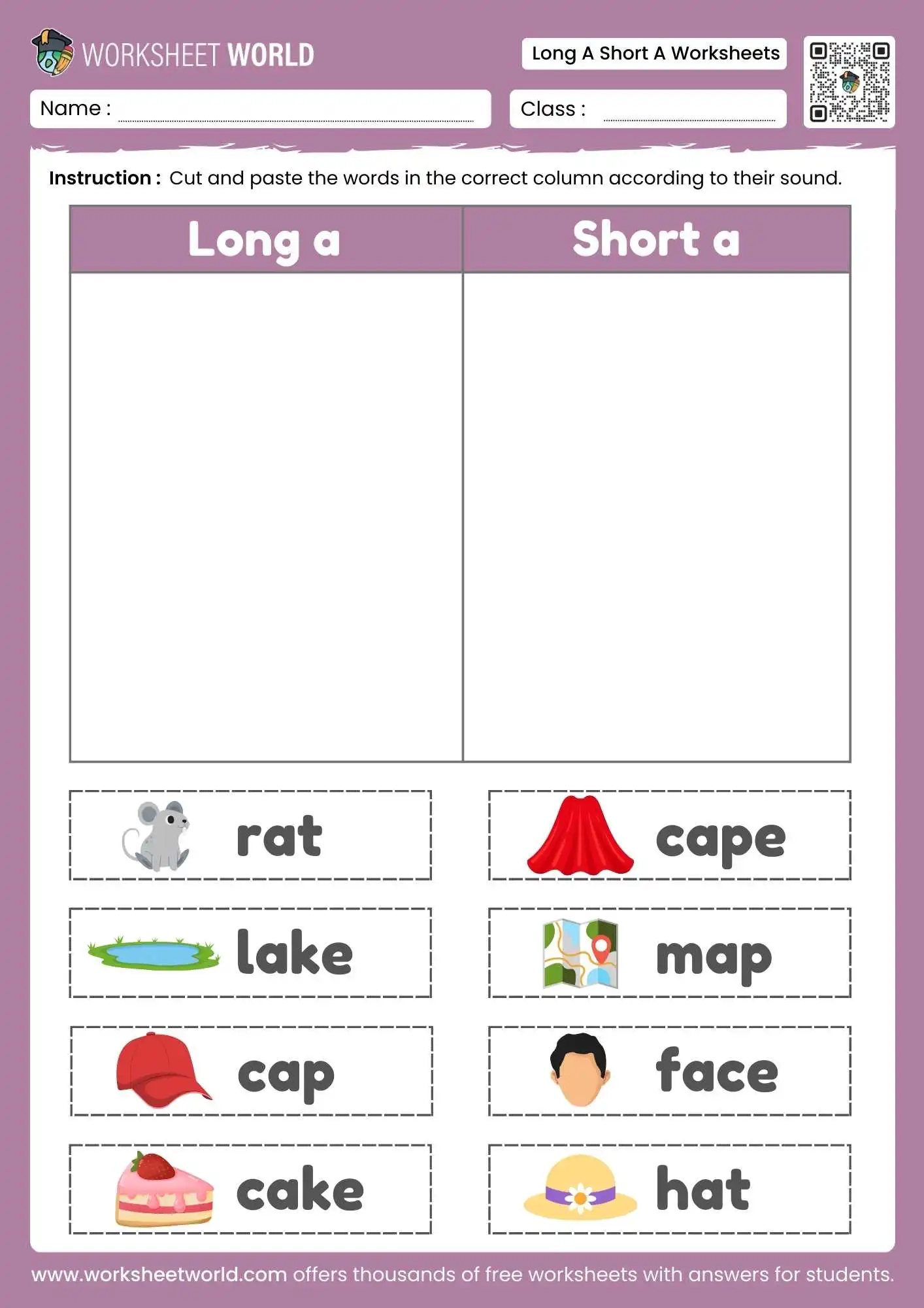 Free Printable Long A Short A Worksheets 2 long a short a worksheets featuring a cut and paste sorting game with rat lake and cape