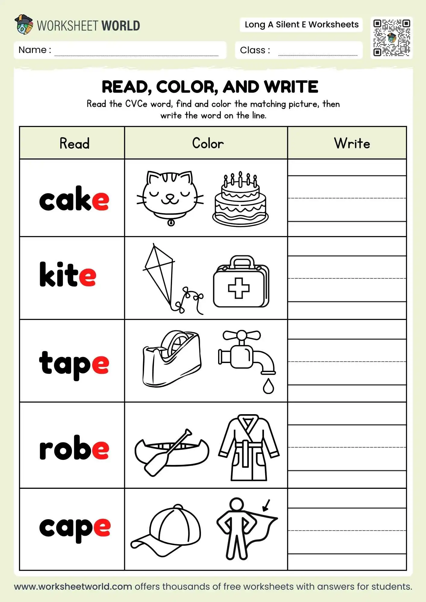 long a silent e worksheets featuring a read color and write table with cake and tape