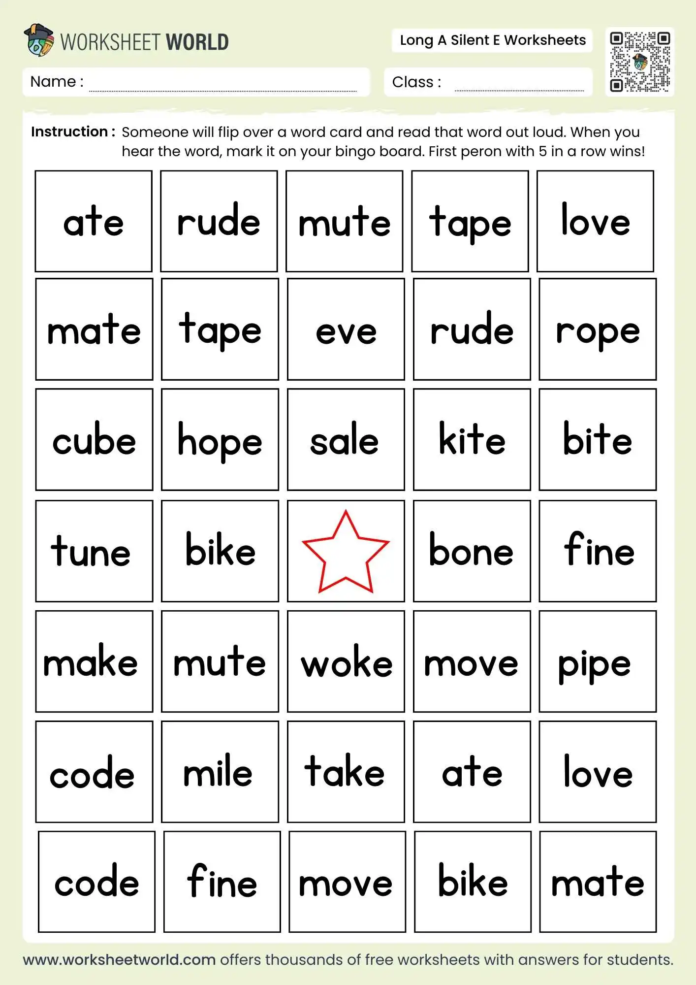 long a silent e worksheets featuring a phonics bingo board with words like make and take
