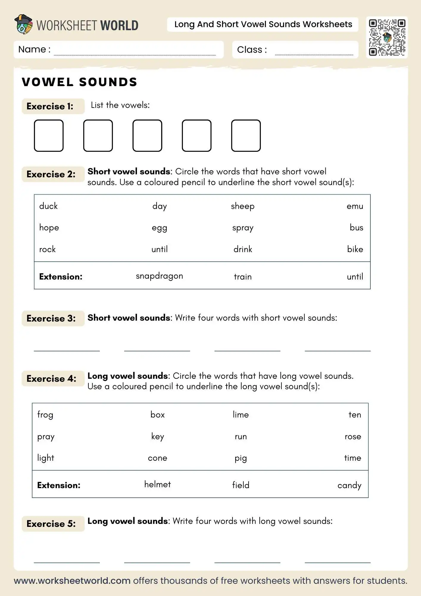 long and short vowel sounds worksheets featuring five exercises on vowel identification and word creation