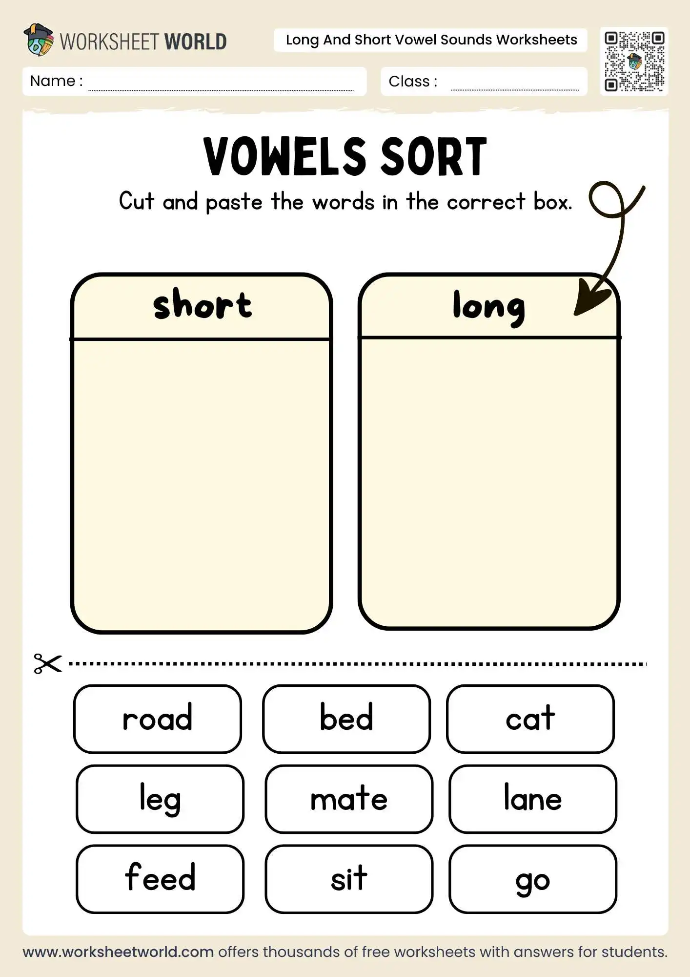 long and short vowel sounds worksheets featuring a cut and paste sorting game with road and mate