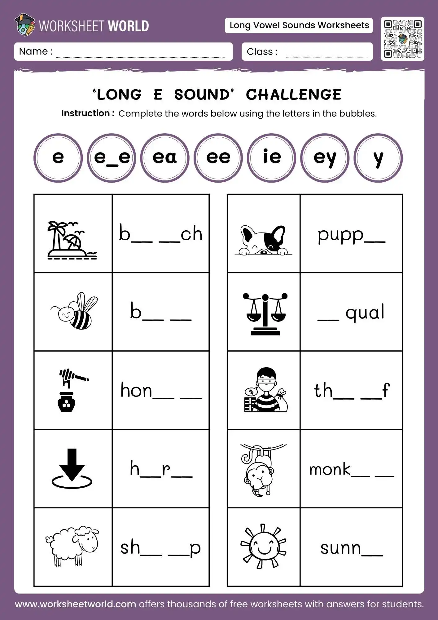 Comprehensive Long Vowel Sounds Worksheets (Free Printable) 1 long vowel sounds worksheets featuring a long e sound challenge with beach and bee