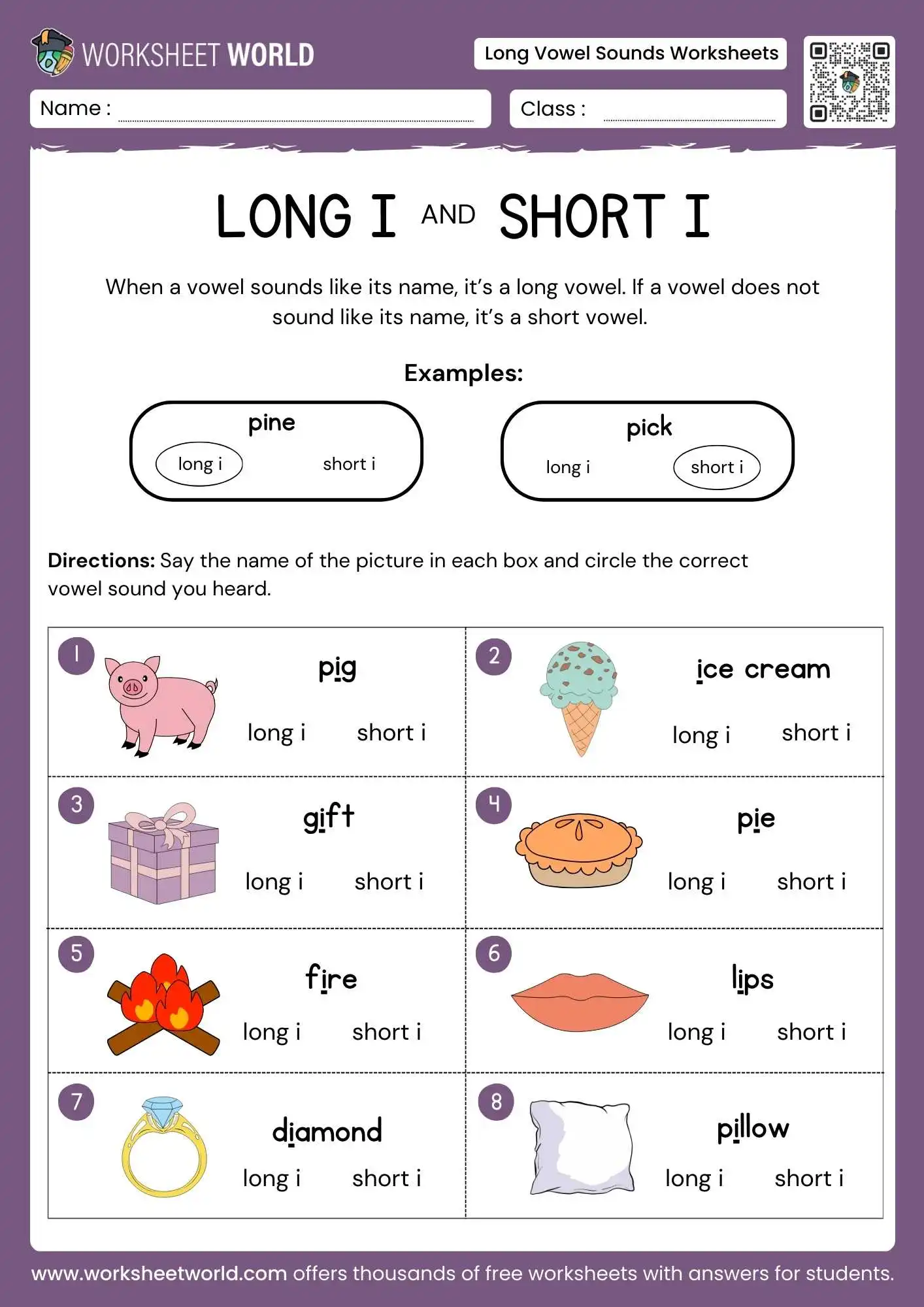 Comprehensive Long Vowel Sounds Worksheets (Free Printable) 2 long vowel sounds worksheets featuring a long i and short i auditory discrimination game