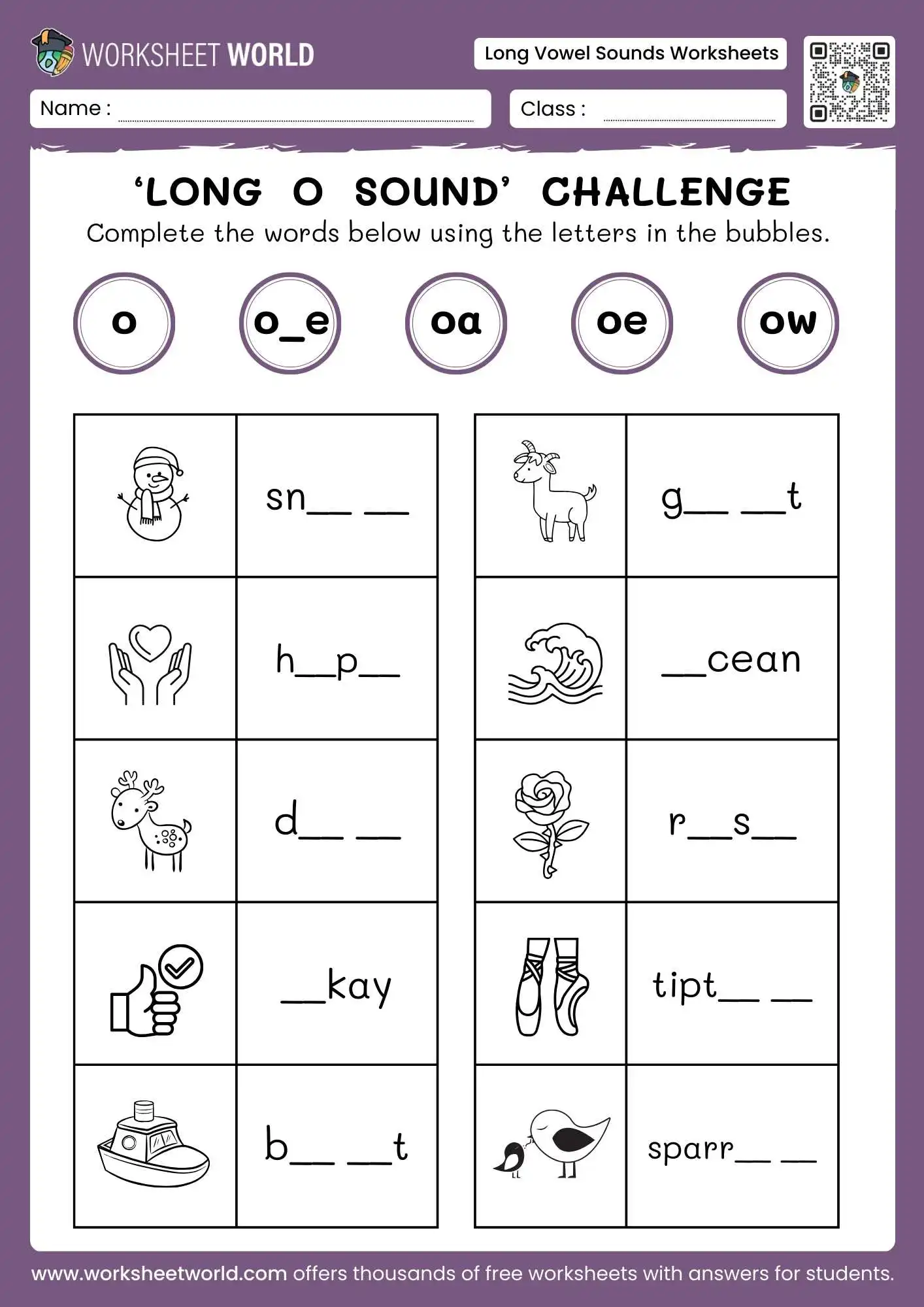 Comprehensive Long Vowel Sounds Worksheets (Free Printable) 3 long vowel sounds worksheets featuring a long o sound challenge with snow and goat