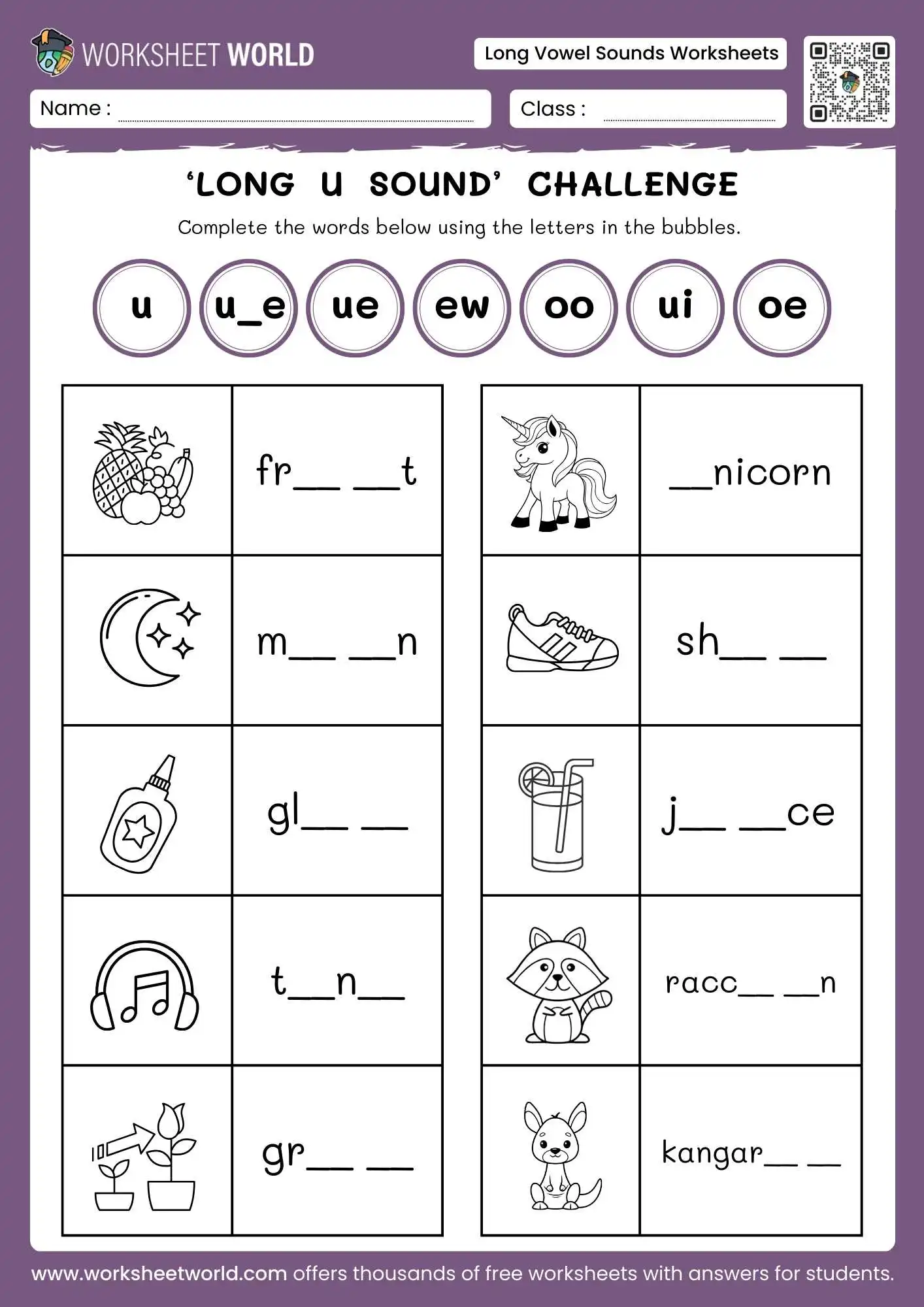 Comprehensive Long Vowel Sounds Worksheets (Free Printable) 4 long vowel sounds worksheets featuring a long u sound challenge with fruit and moon