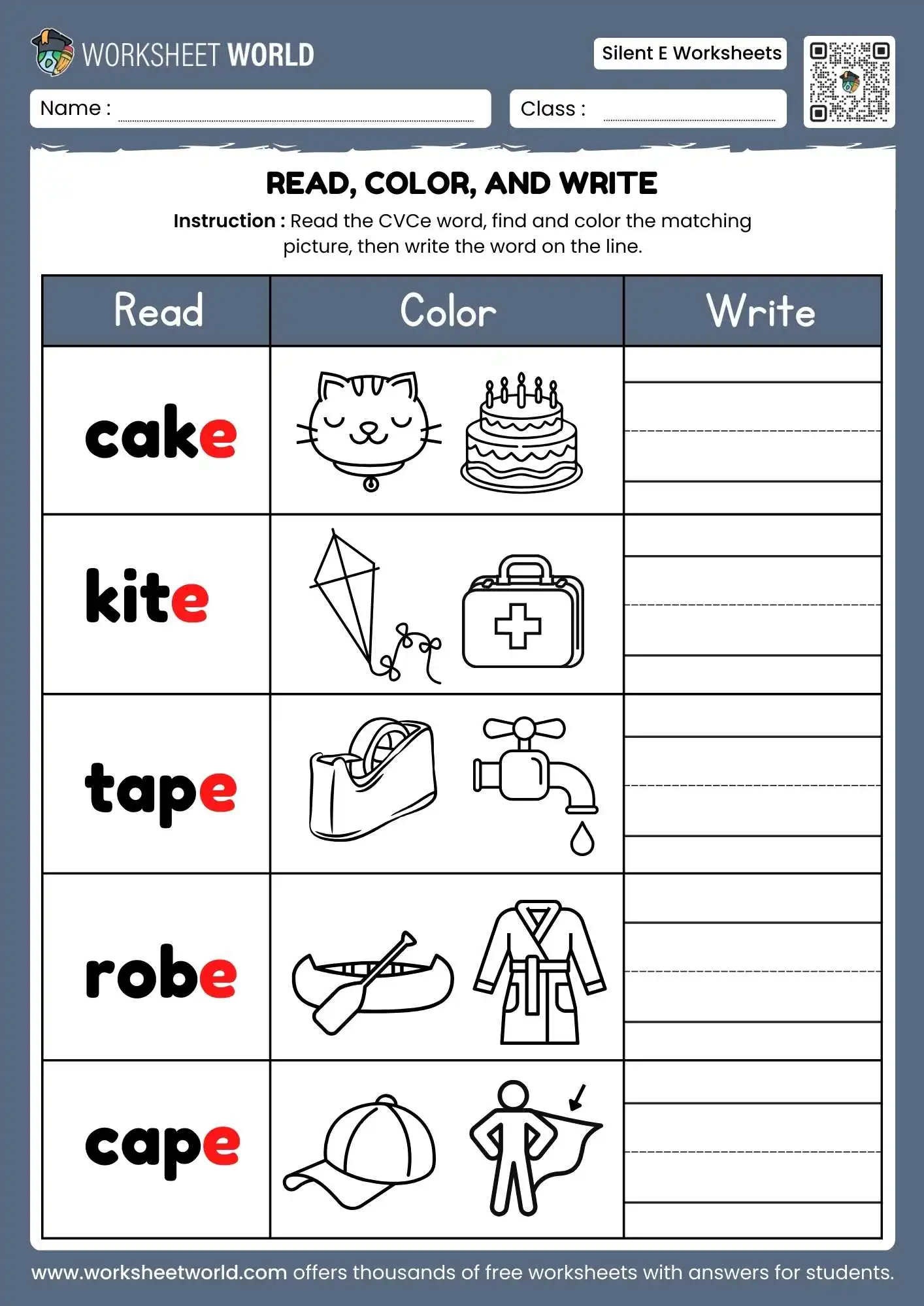 silent e worksheets featuring a read color and write table with cake and robe
