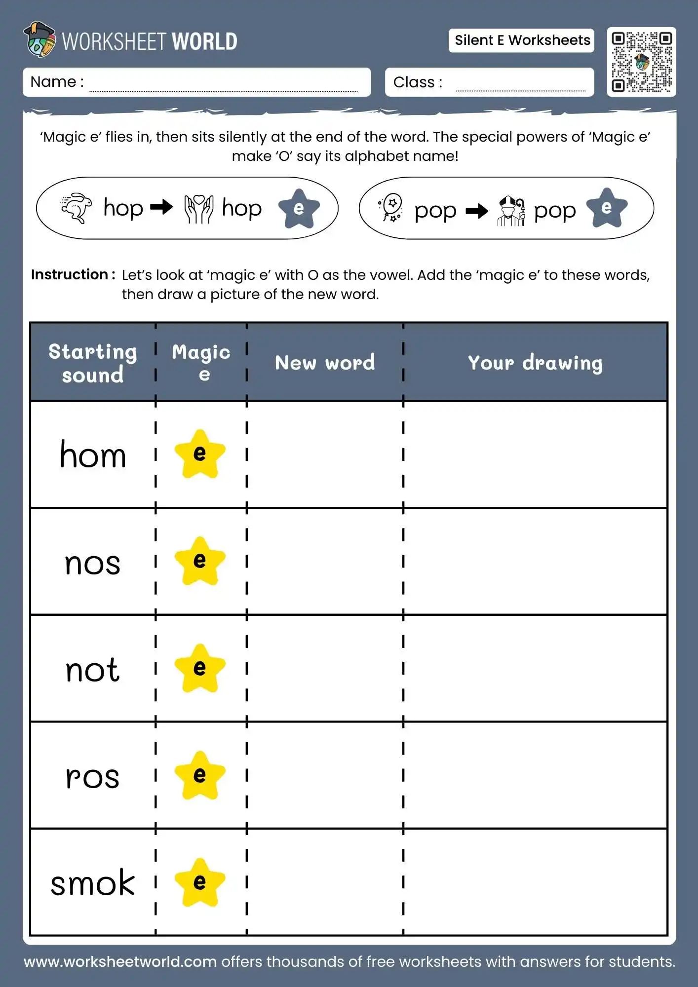 silent e worksheets featuring a magic e word building activity for the vowel o