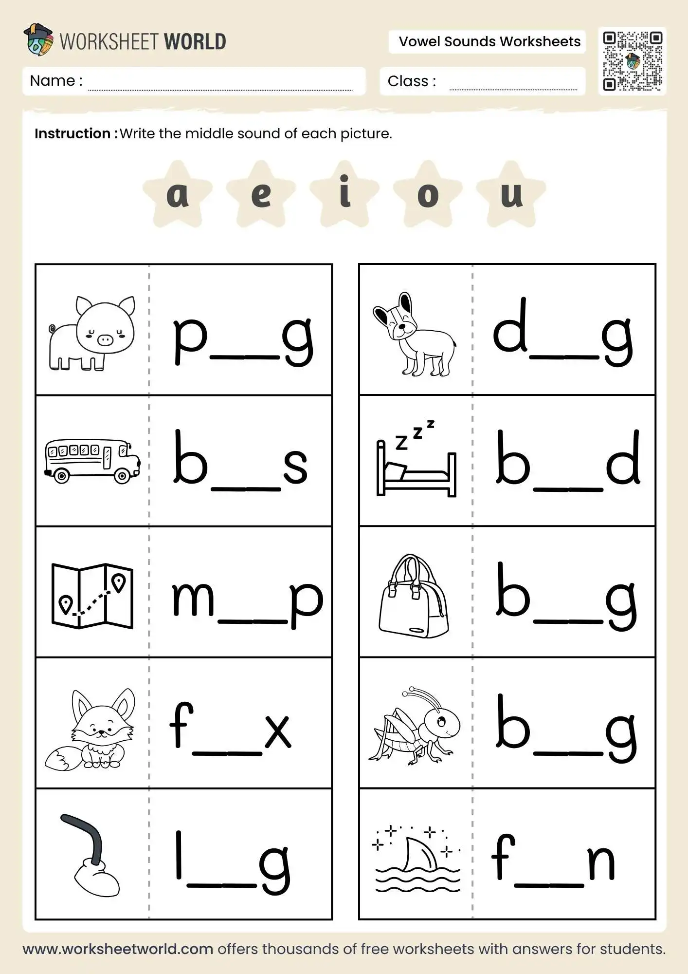 vowel sounds worksheets featuring a middle sound completion table with pig bus and dog