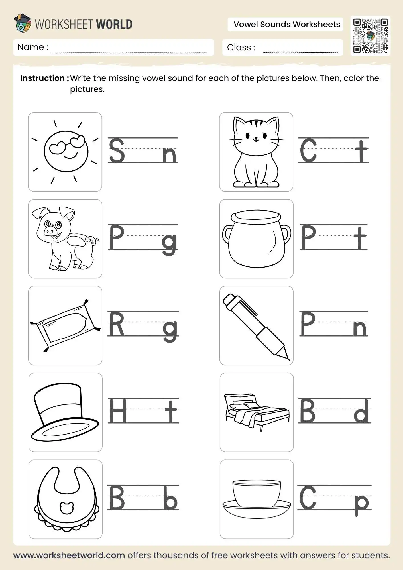 vowel sounds worksheets featuring a missing vowel and coloring activity with sun cat and pot