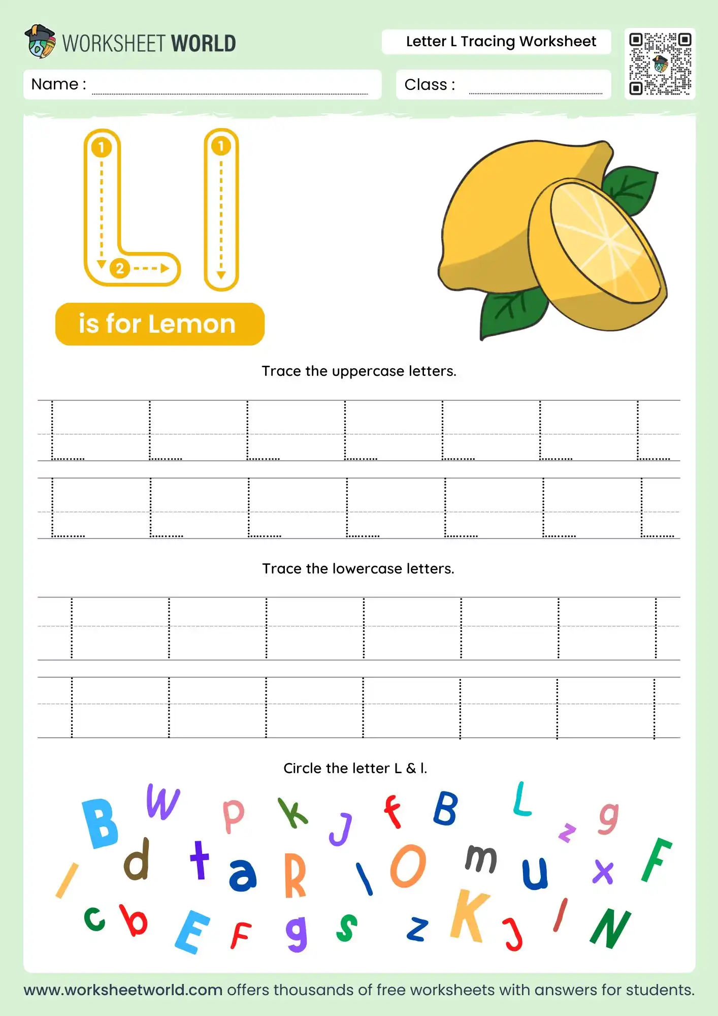 Master the Alphabet: Free Worksheets For The Letter L 1 worksheets for the letter l with a lemon drawing and a colorful letter search grid