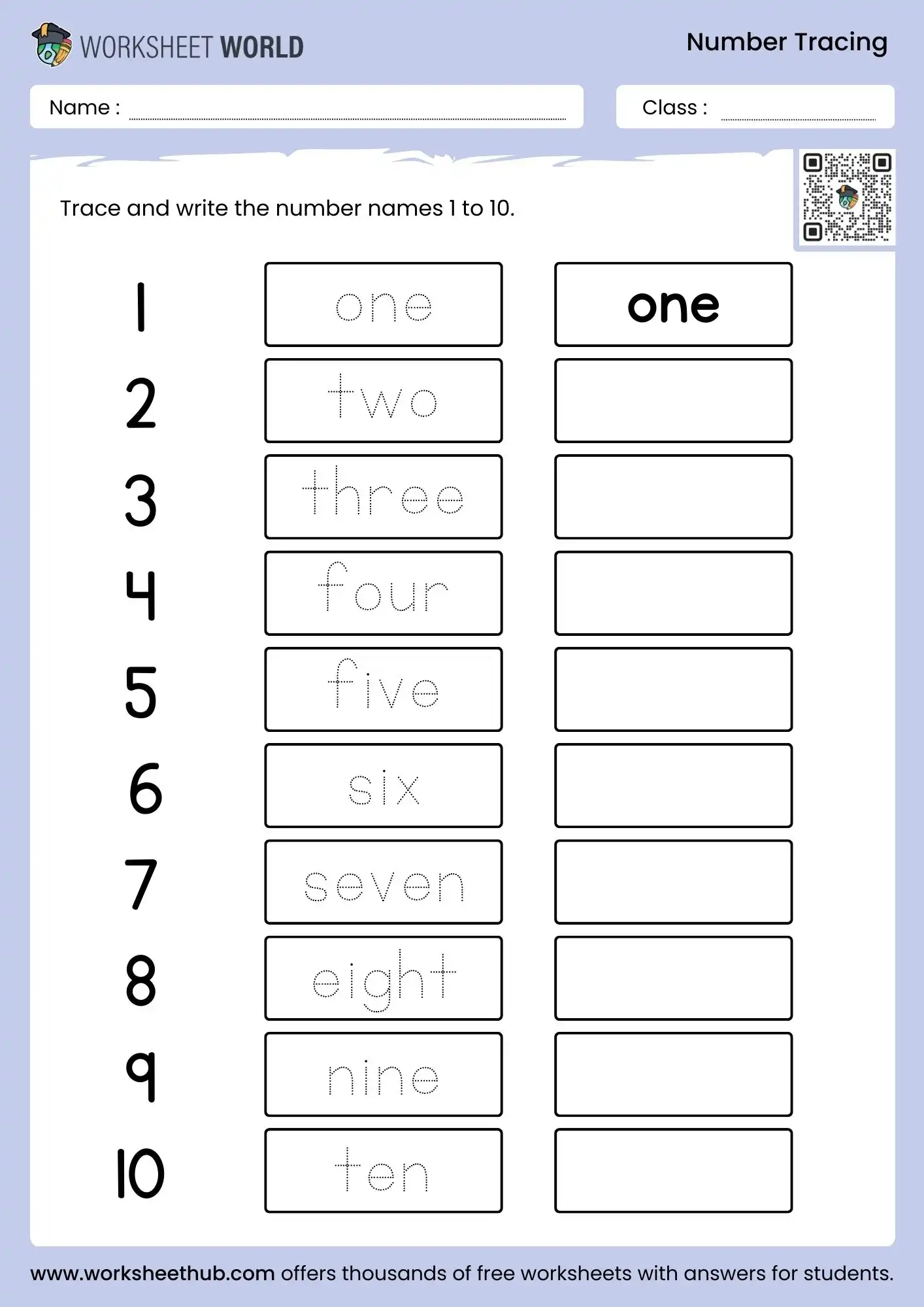 1 to 10 number in word tracing worksheet