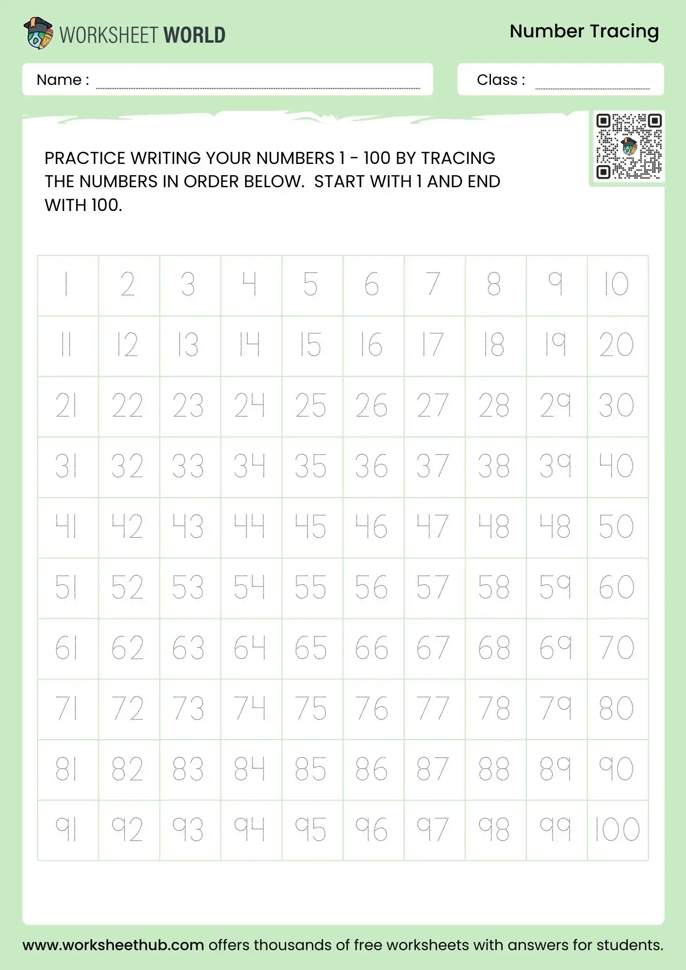 1 to 100 number tracing worksheet