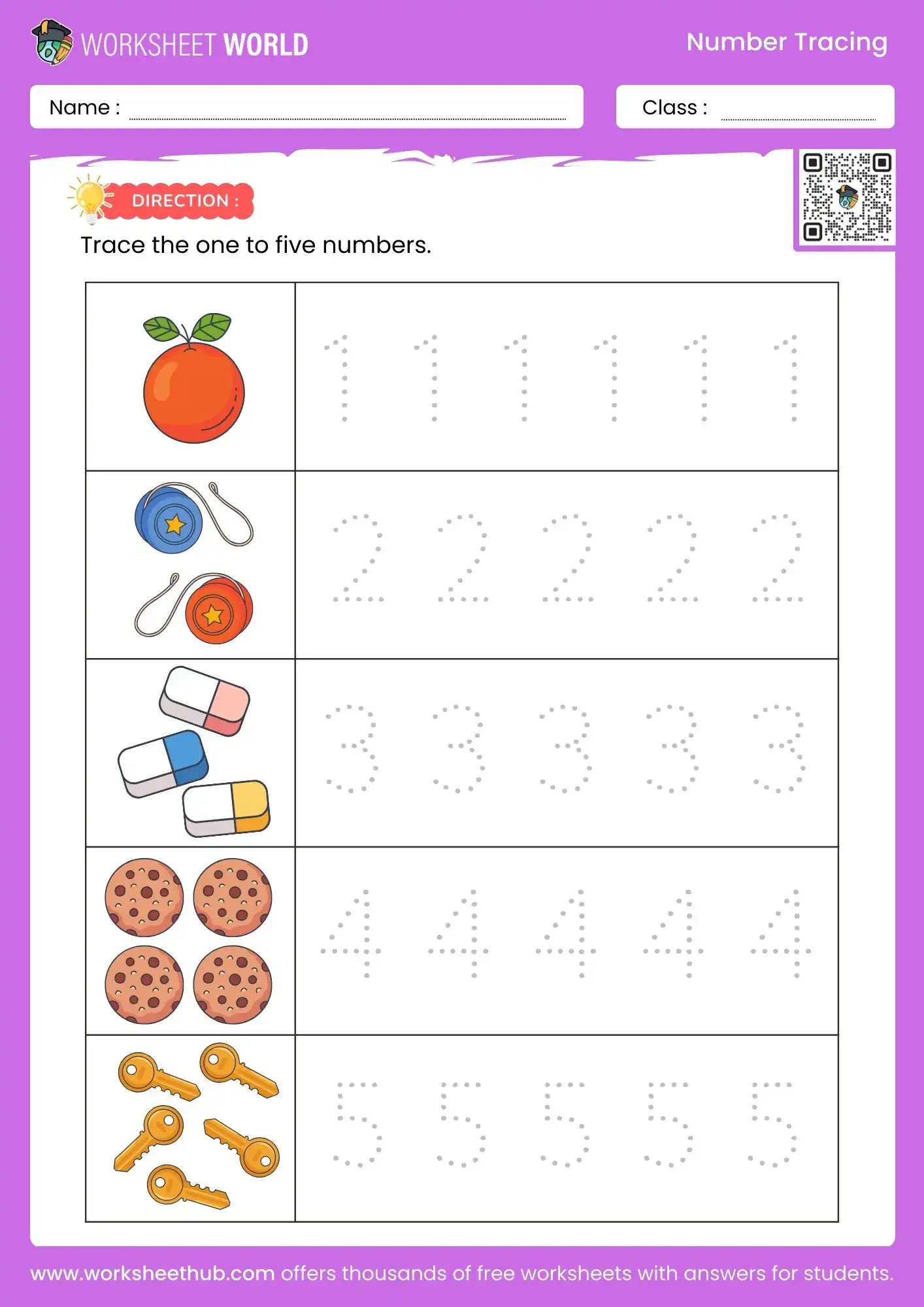 1 to 5 number tracing worksheet with pictures