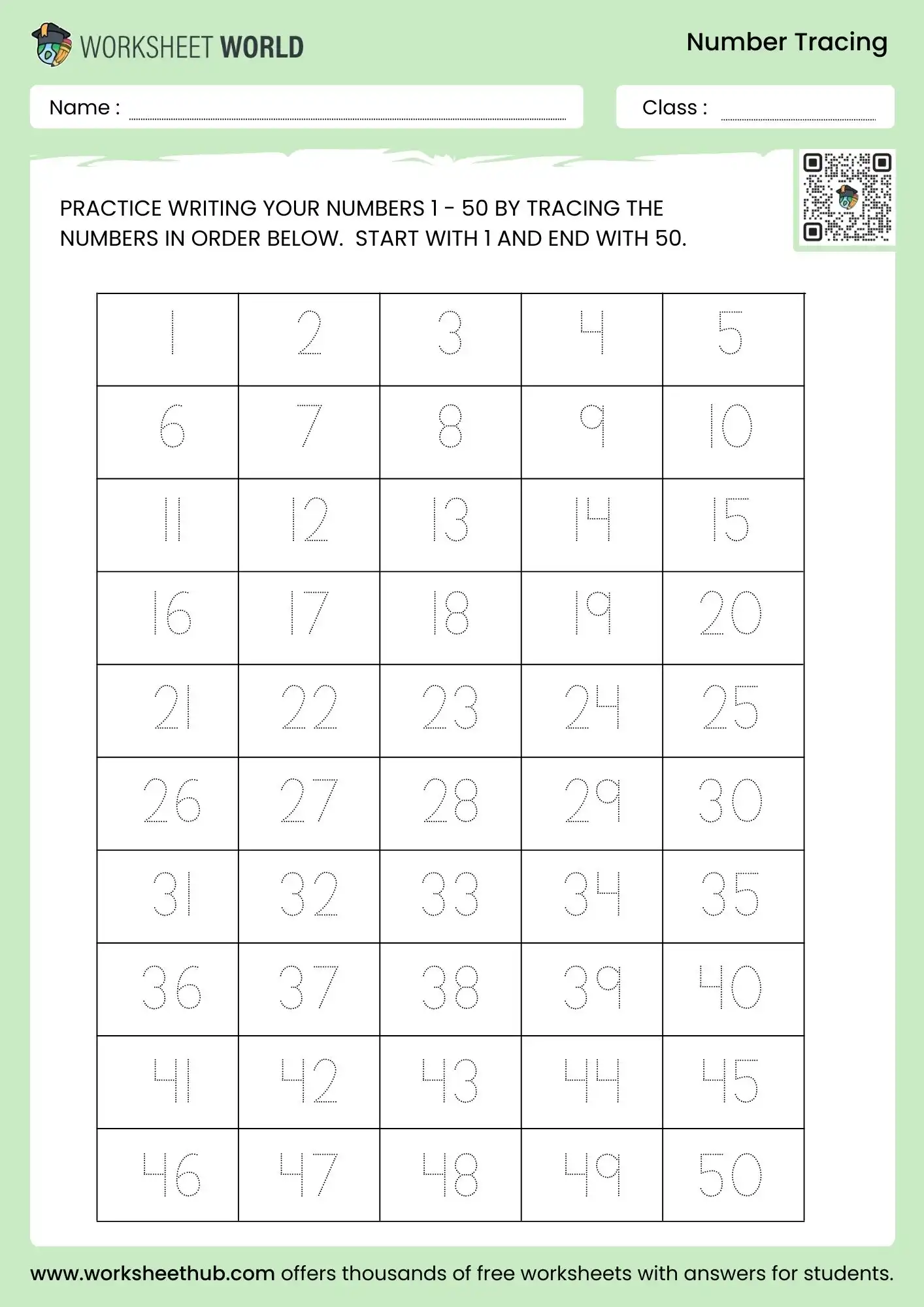 1 to 50 number tracing worksheet